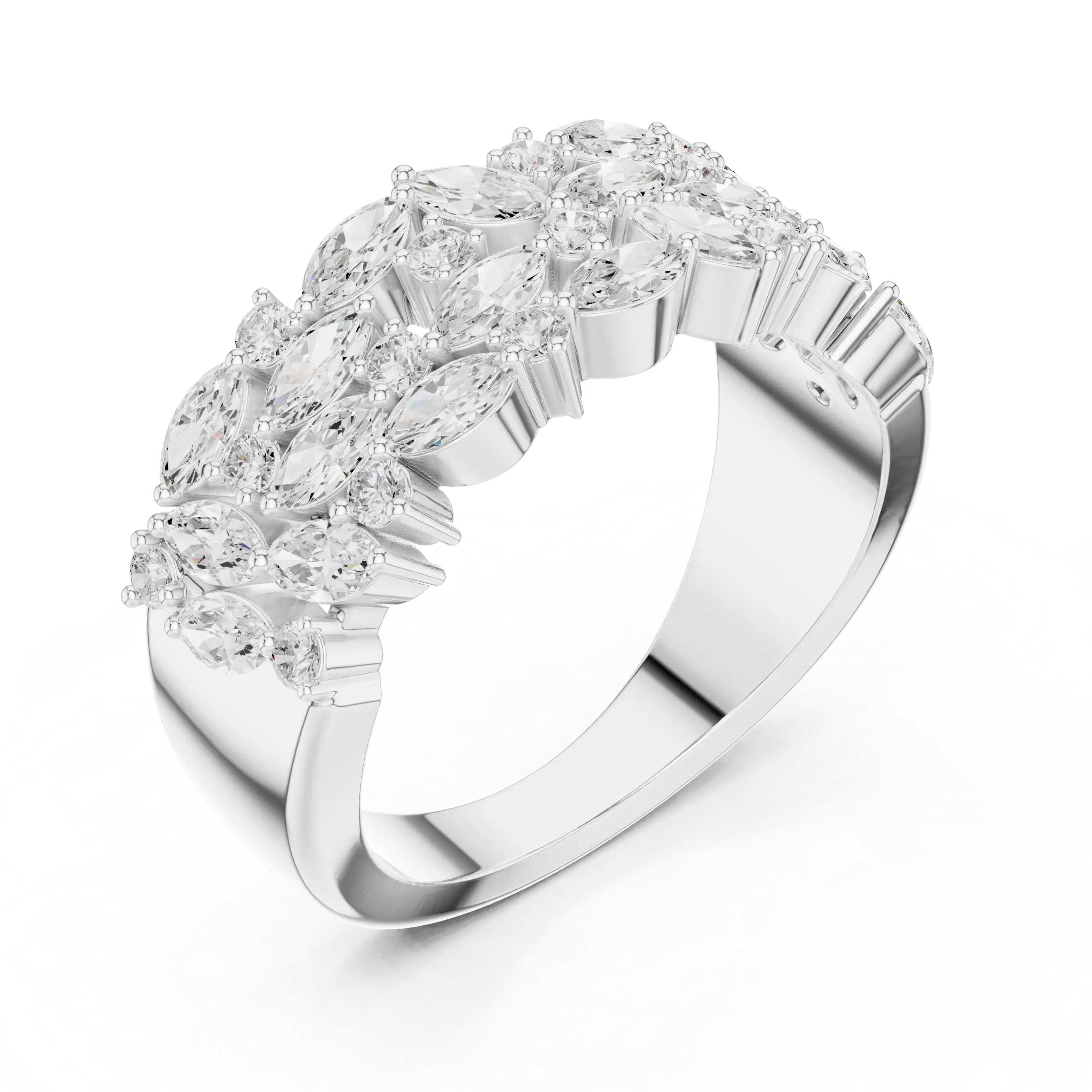 10K White Gold Triple Row Marquise & Round Diamond Cluster Band