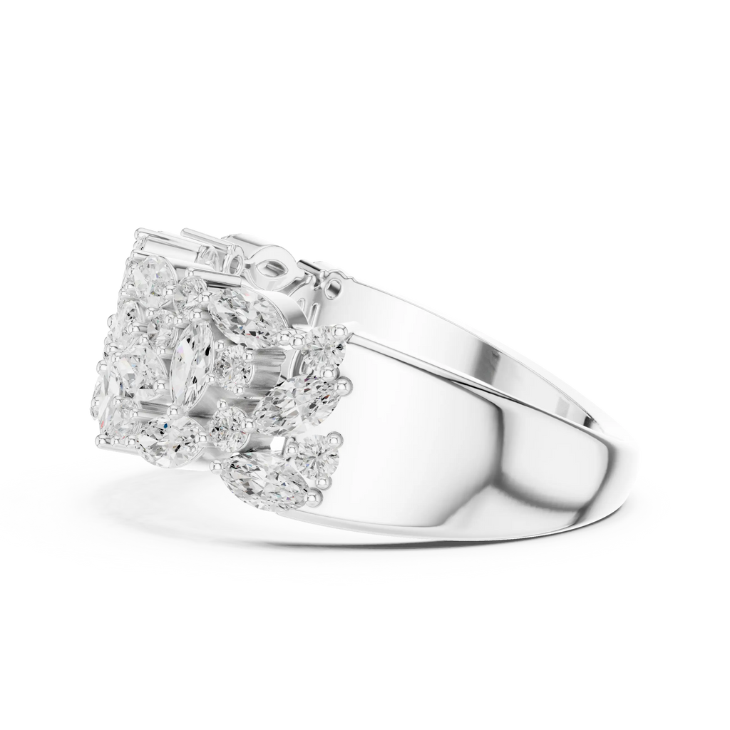 10K White Gold Triple Row Marquise & Round Diamond Cluster Band