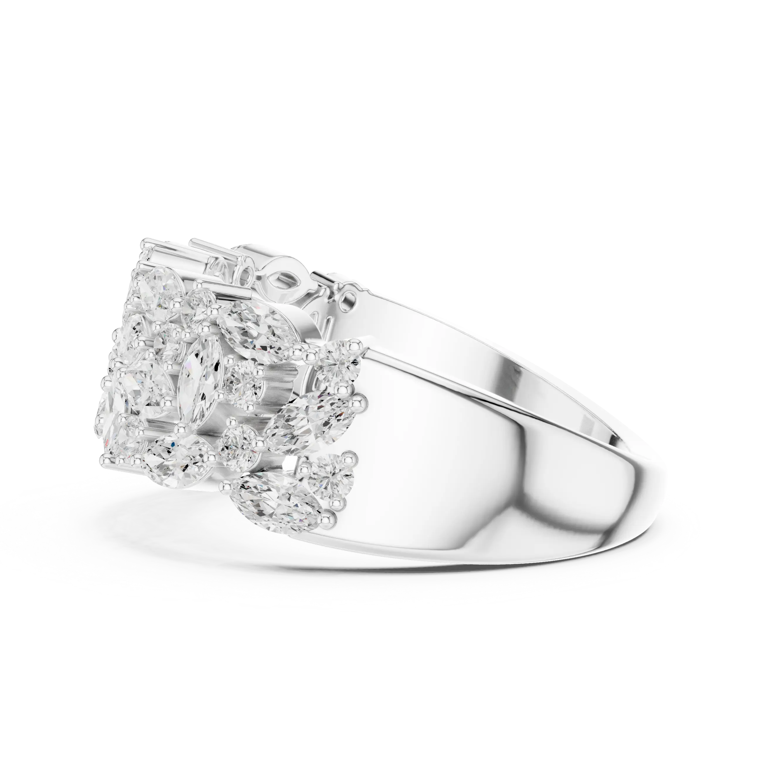 10K White Gold Triple Row Marquise & Round Diamond Cluster Band