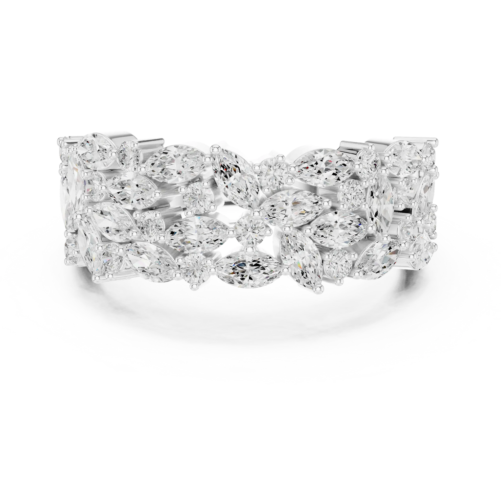 10K White Gold Triple Row Marquise & Round Diamond Cluster Band