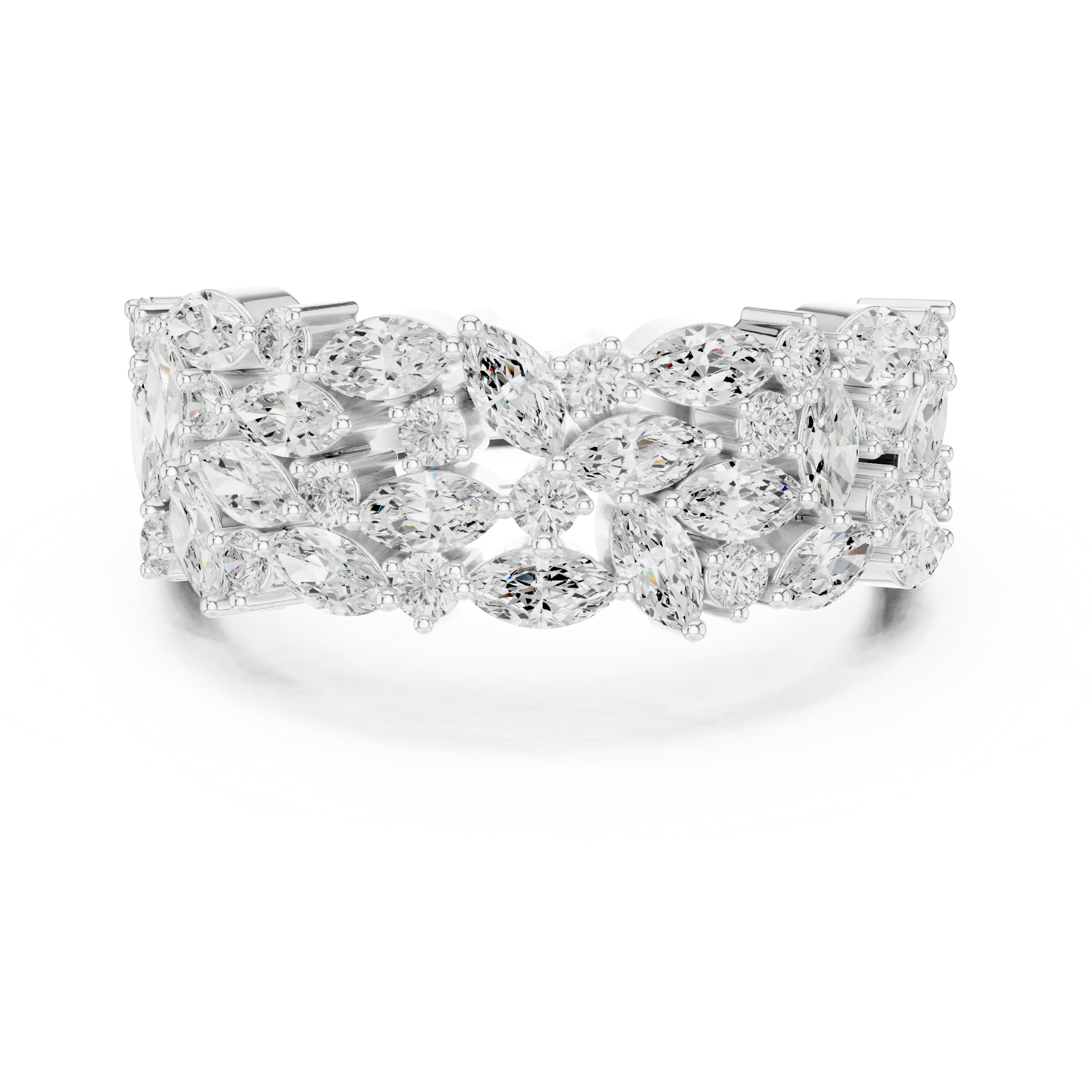 10K White Gold Triple Row Marquise & Round Diamond Cluster Band