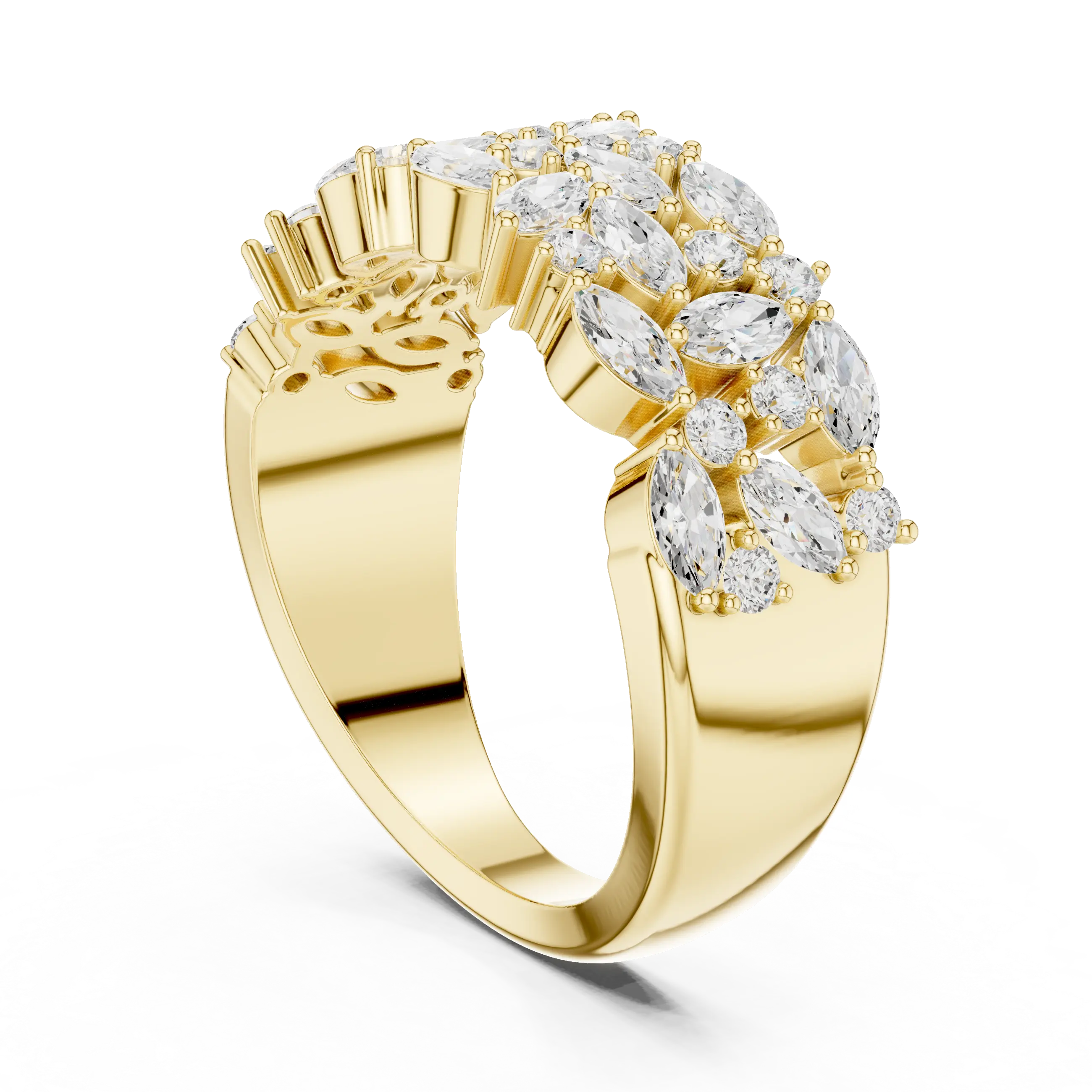 10K White Gold Triple Row Marquise & Round Diamond Cluster Band