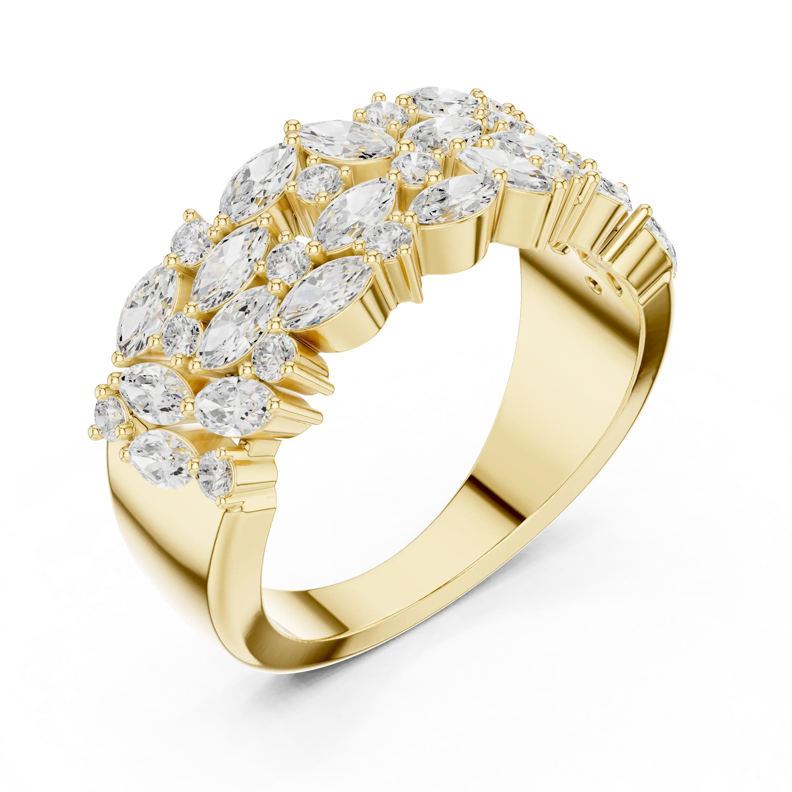 10K White Gold Triple Row Marquise & Round Diamond Cluster Band
