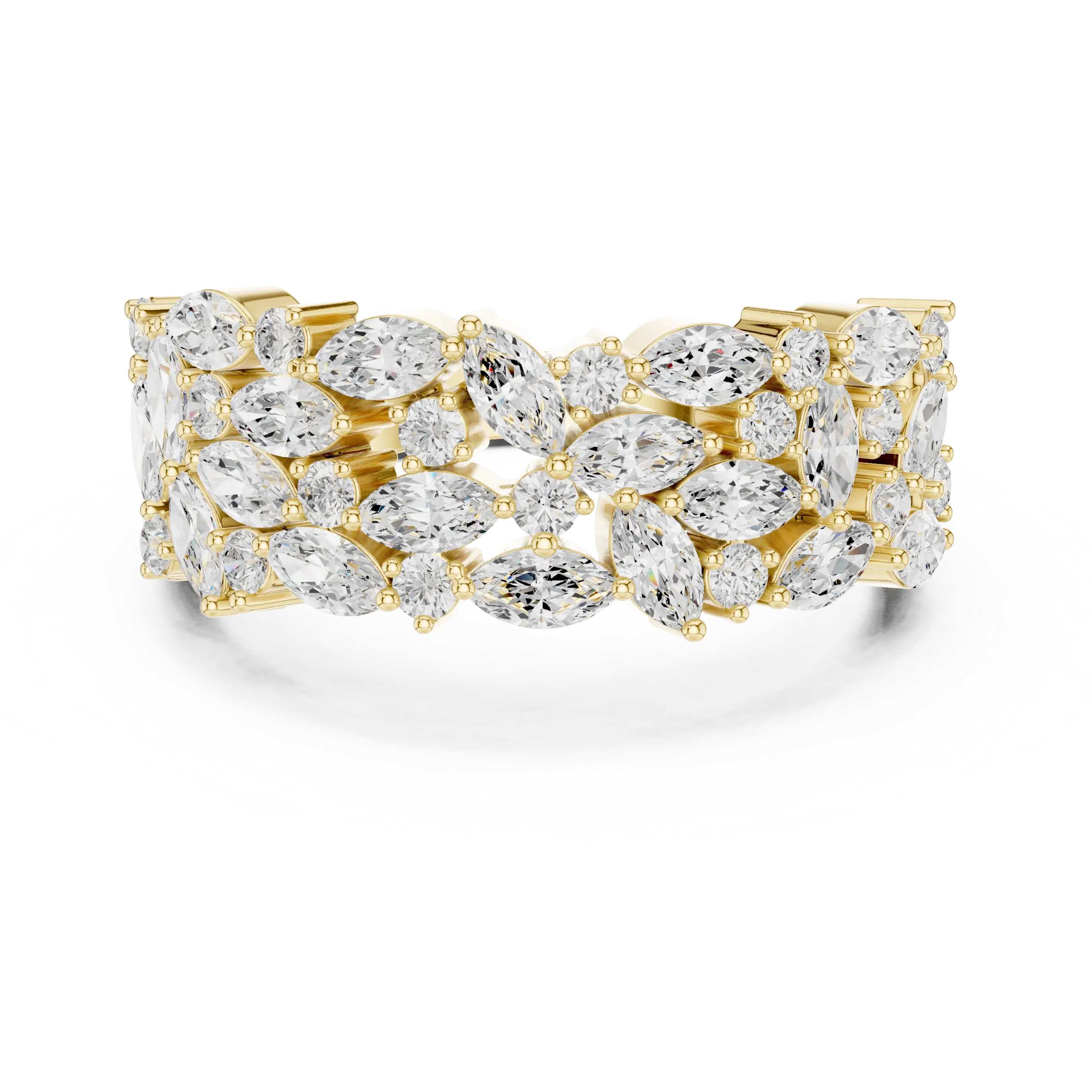 10K White Gold Triple Row Marquise & Round Diamond Cluster Band