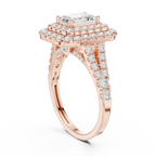 18K White Gold Emerald Cut Double Halo Diamond Engagement Ring
