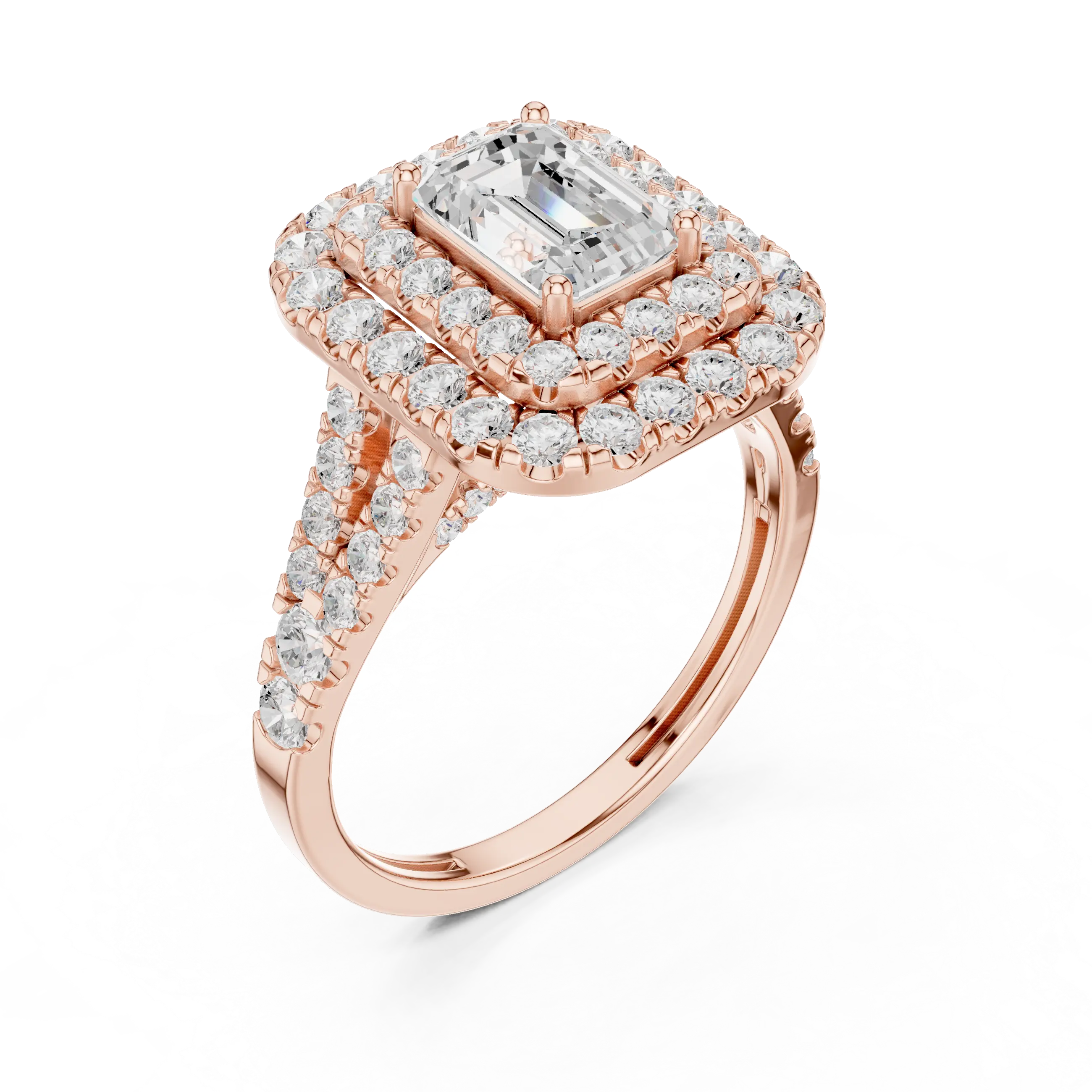 18K White Gold Emerald Cut Double Halo Diamond Engagement Ring