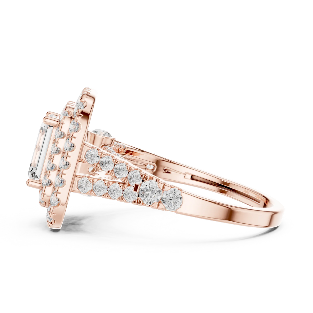 18K White Gold Emerald Cut Double Halo Diamond Engagement Ring