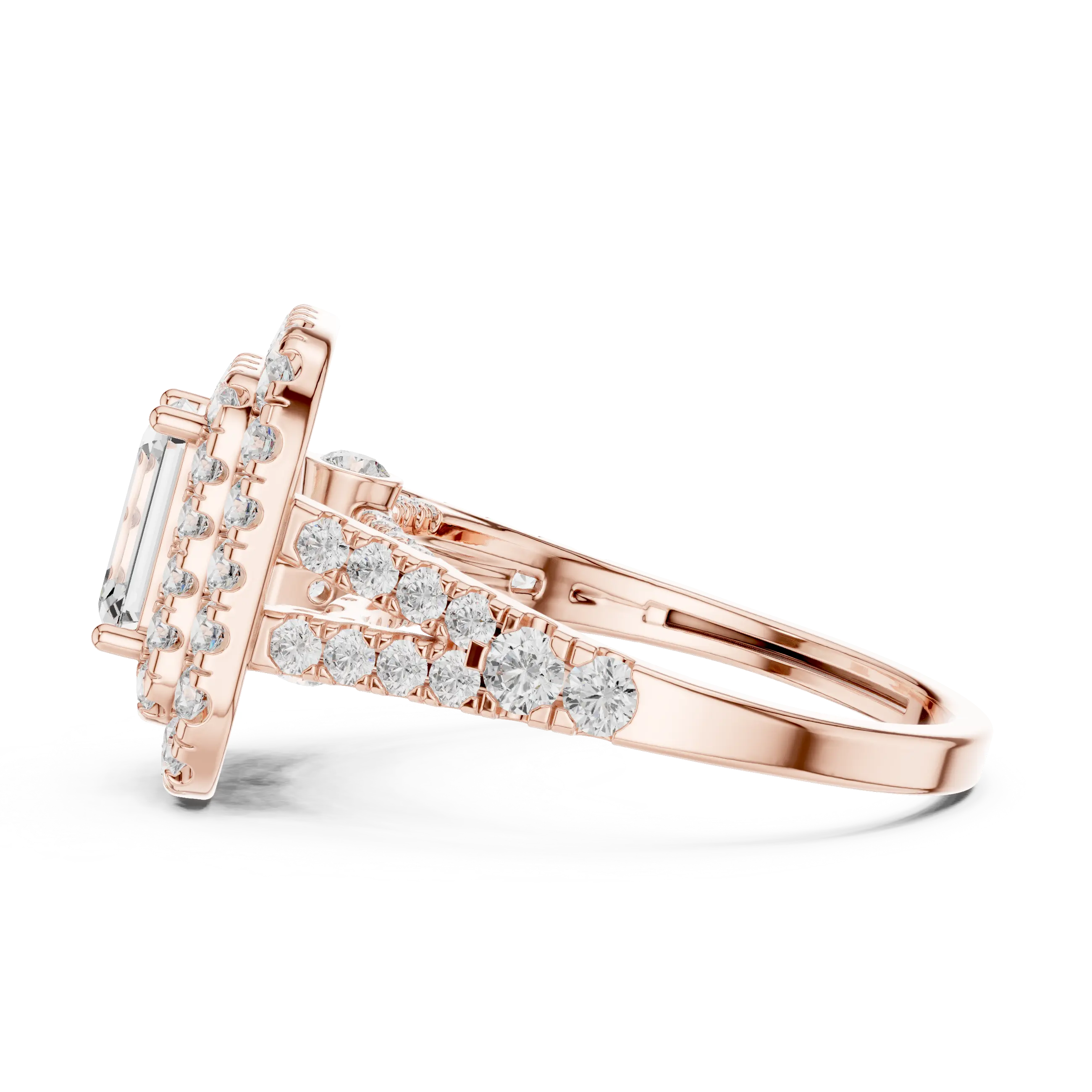 18K White Gold Emerald Cut Double Halo Diamond Engagement Ring