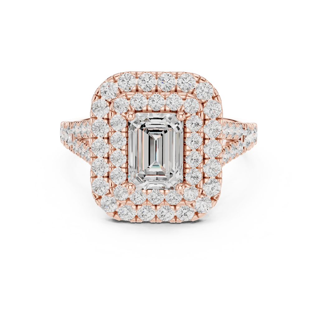 18K White Gold Emerald Cut Double Halo Diamond Engagement Ring