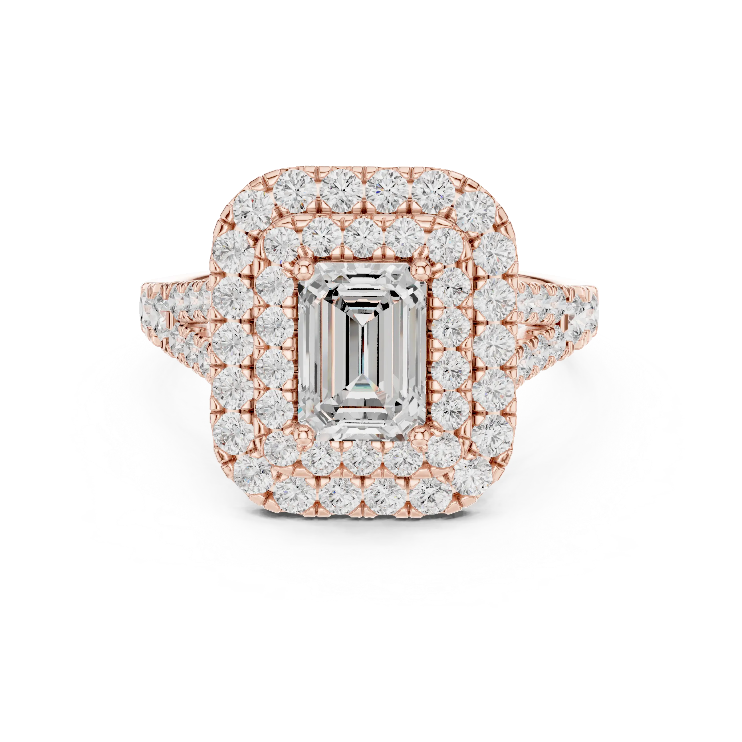 18K White Gold Emerald Cut Double Halo Diamond Engagement Ring