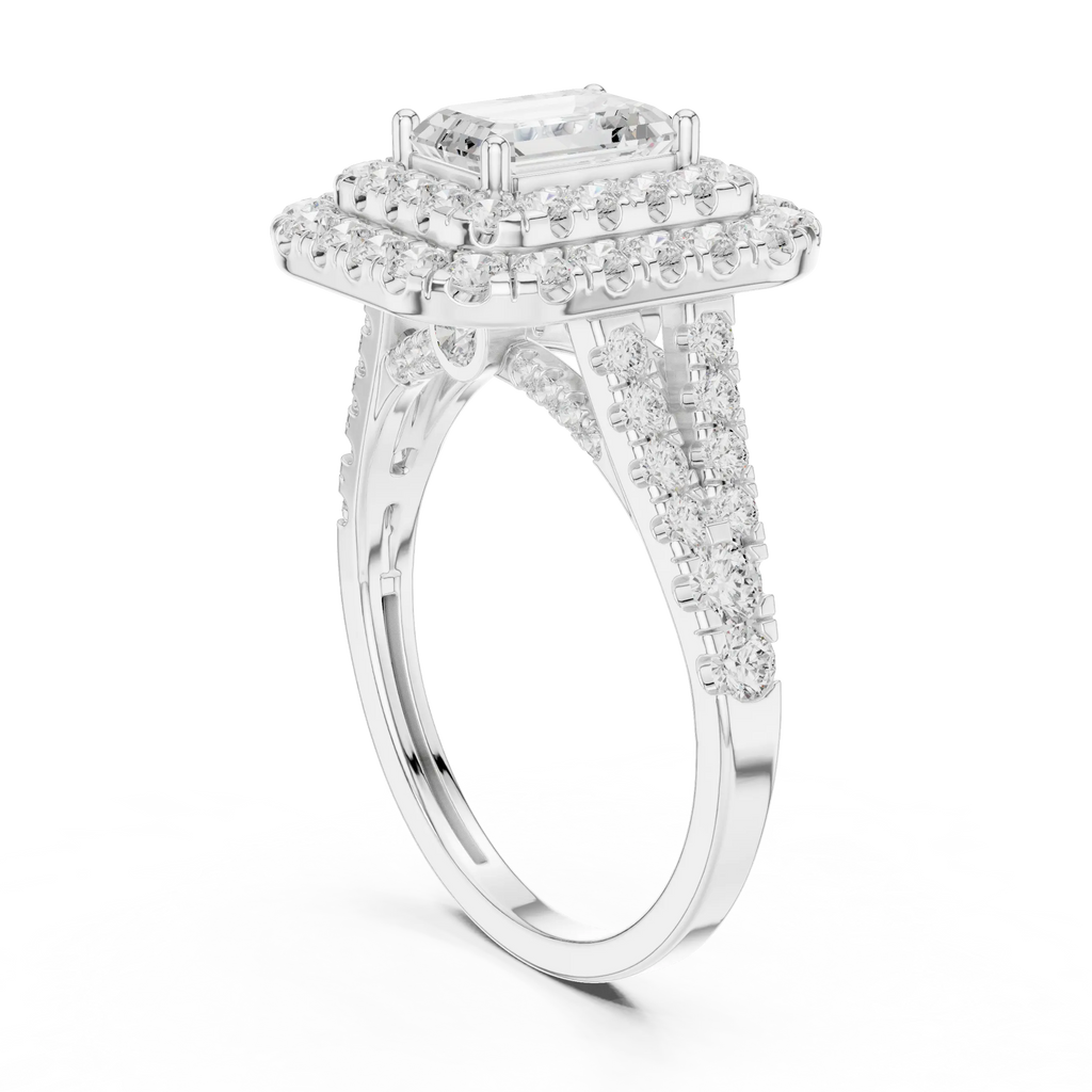 18K White Gold Emerald Cut Double Halo Diamond Engagement Ring