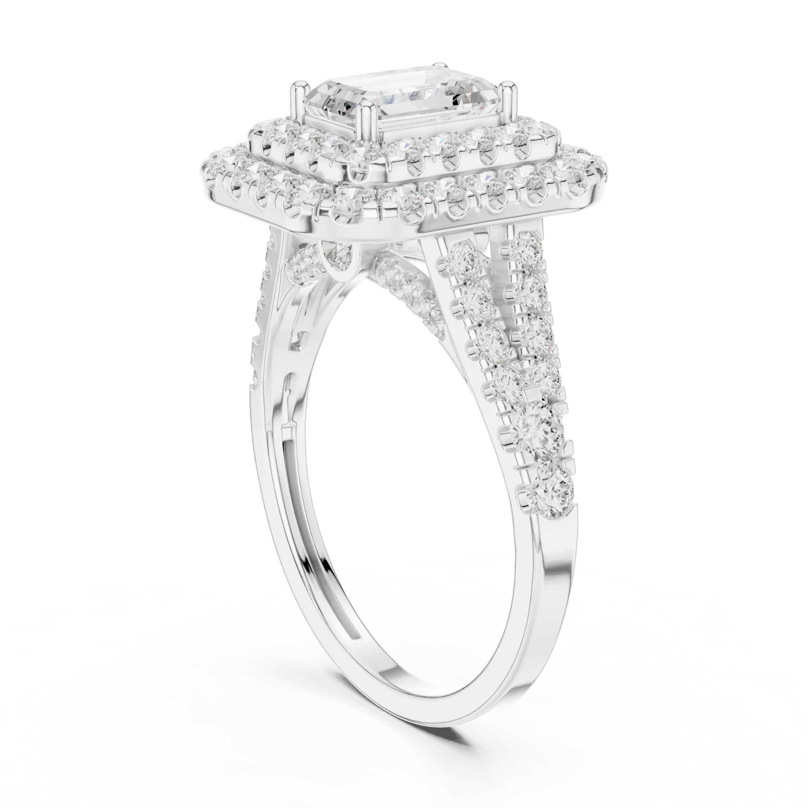 18K White Gold Emerald Cut Double Halo Diamond Engagement Ring