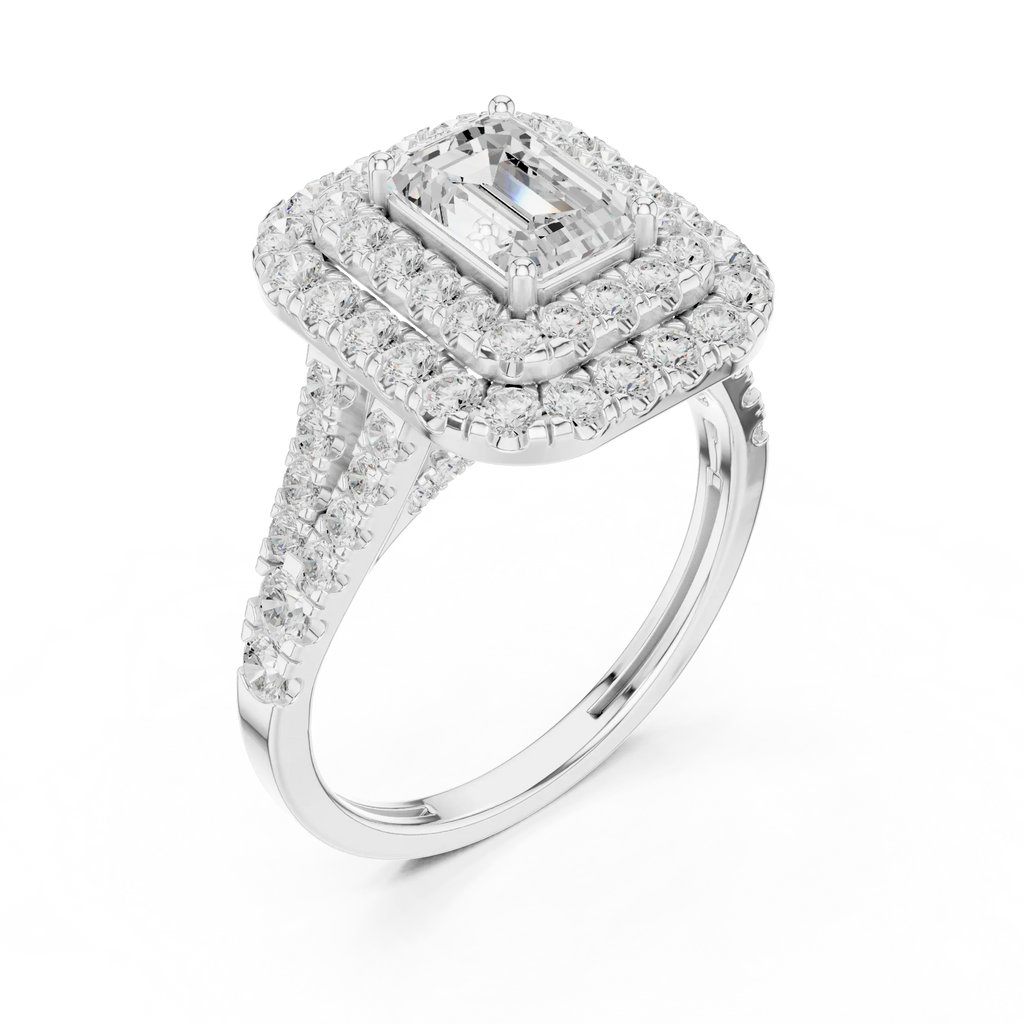 18K White Gold Emerald Cut Double Halo Diamond Engagement Ring