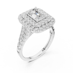18K White Gold Emerald Cut Double Halo Diamond Engagement Ring