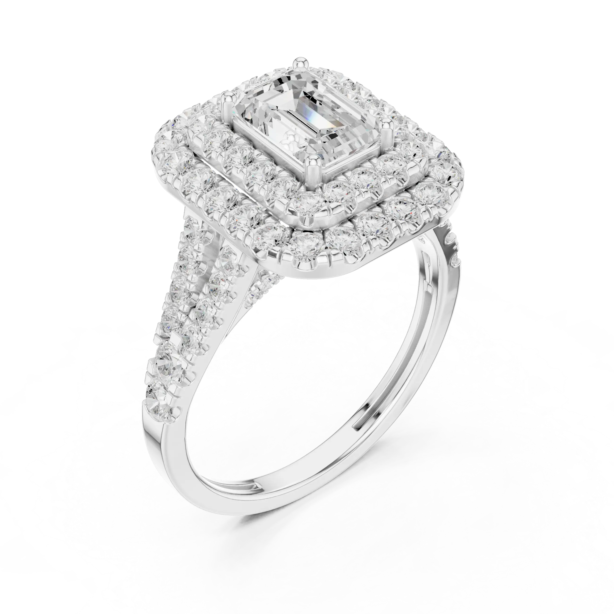 18K White Gold Emerald Cut Double Halo Diamond Engagement Ring