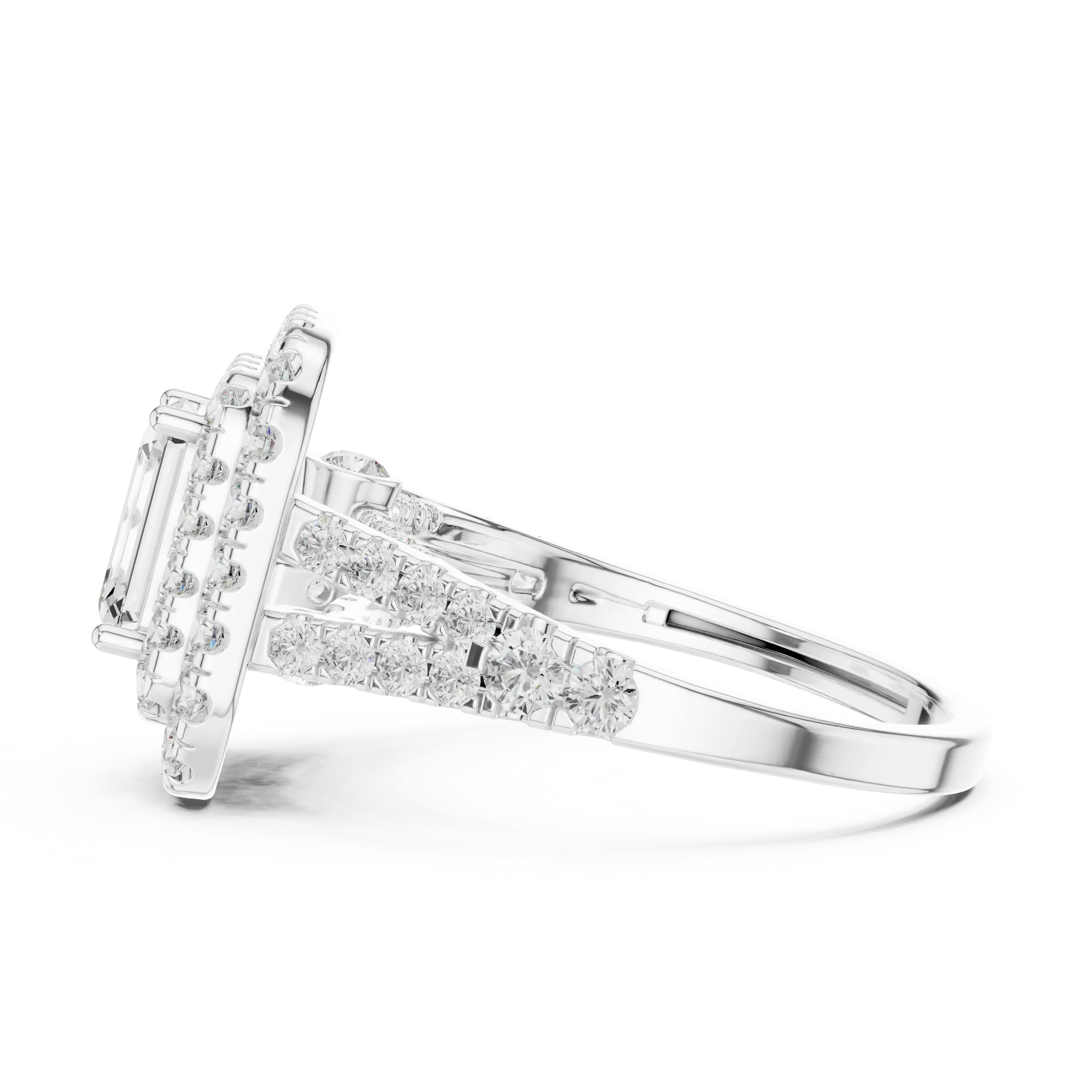 18K White Gold Emerald Cut Double Halo Diamond Engagement Ring