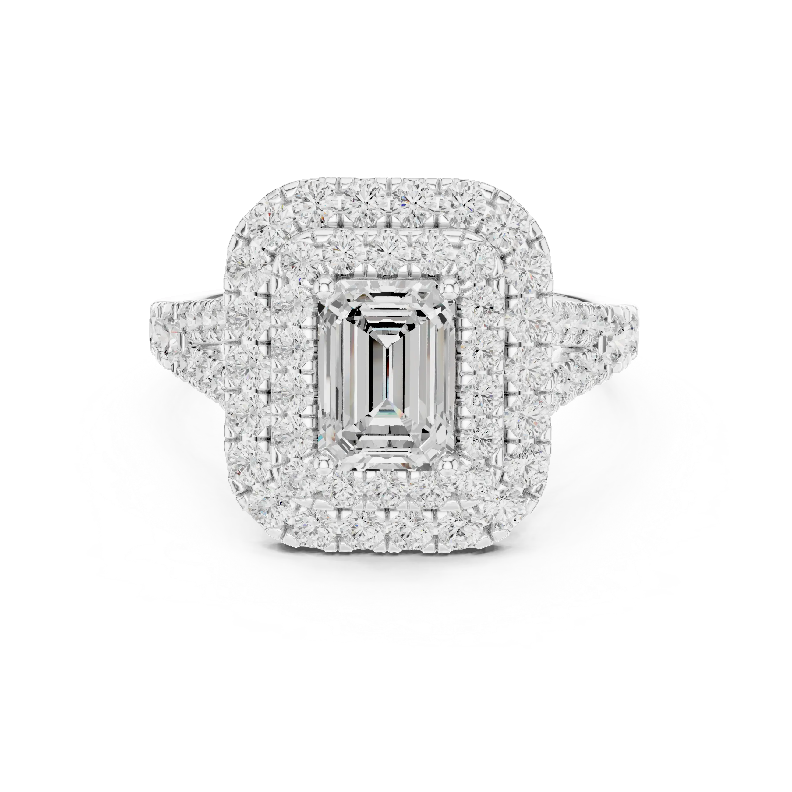 18K White Gold Emerald Cut Double Halo Diamond Engagement Ring