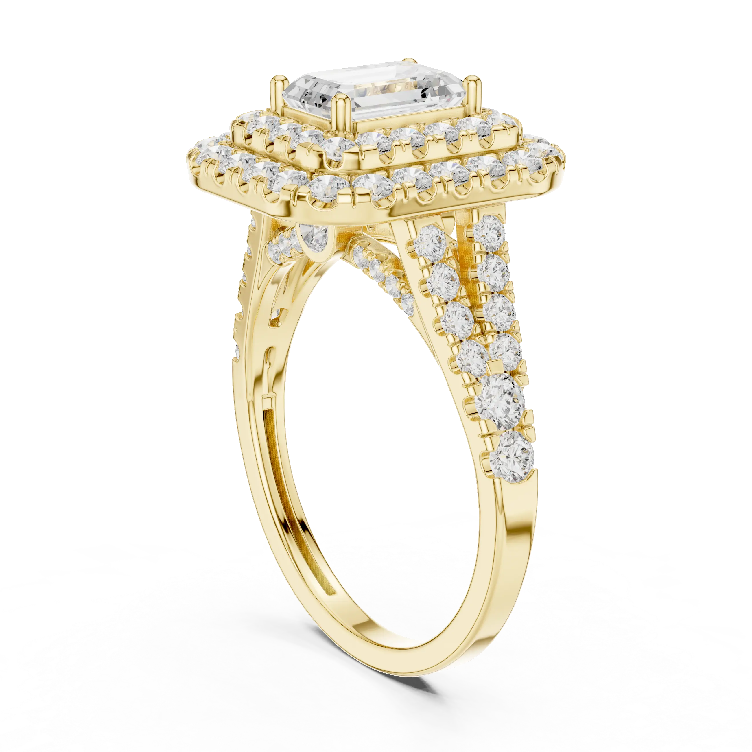 18K White Gold Emerald Cut Double Halo Diamond Engagement Ring