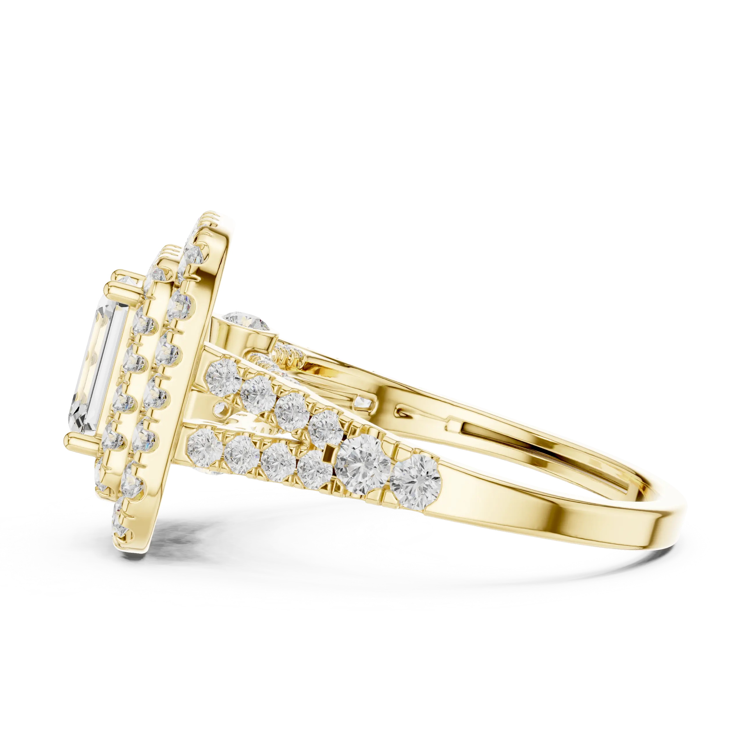 18K White Gold Emerald Cut Double Halo Diamond Engagement Ring