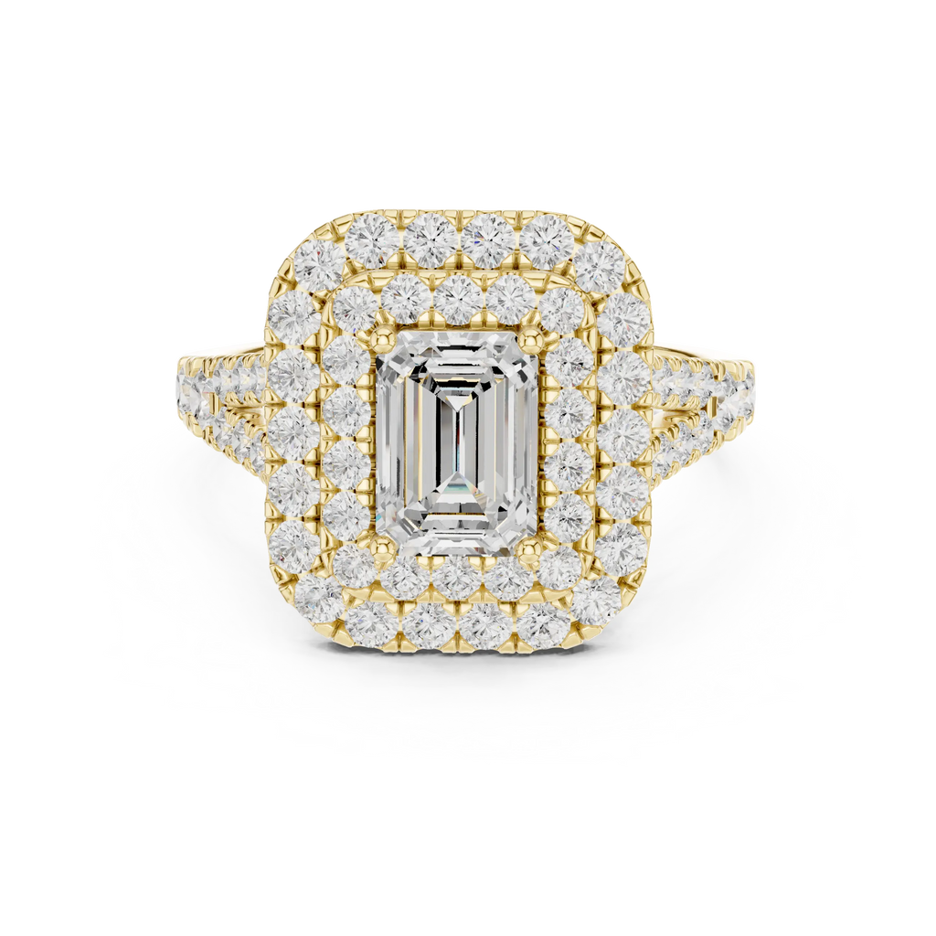 18K White Gold Emerald Cut Double Halo Diamond Engagement Ring