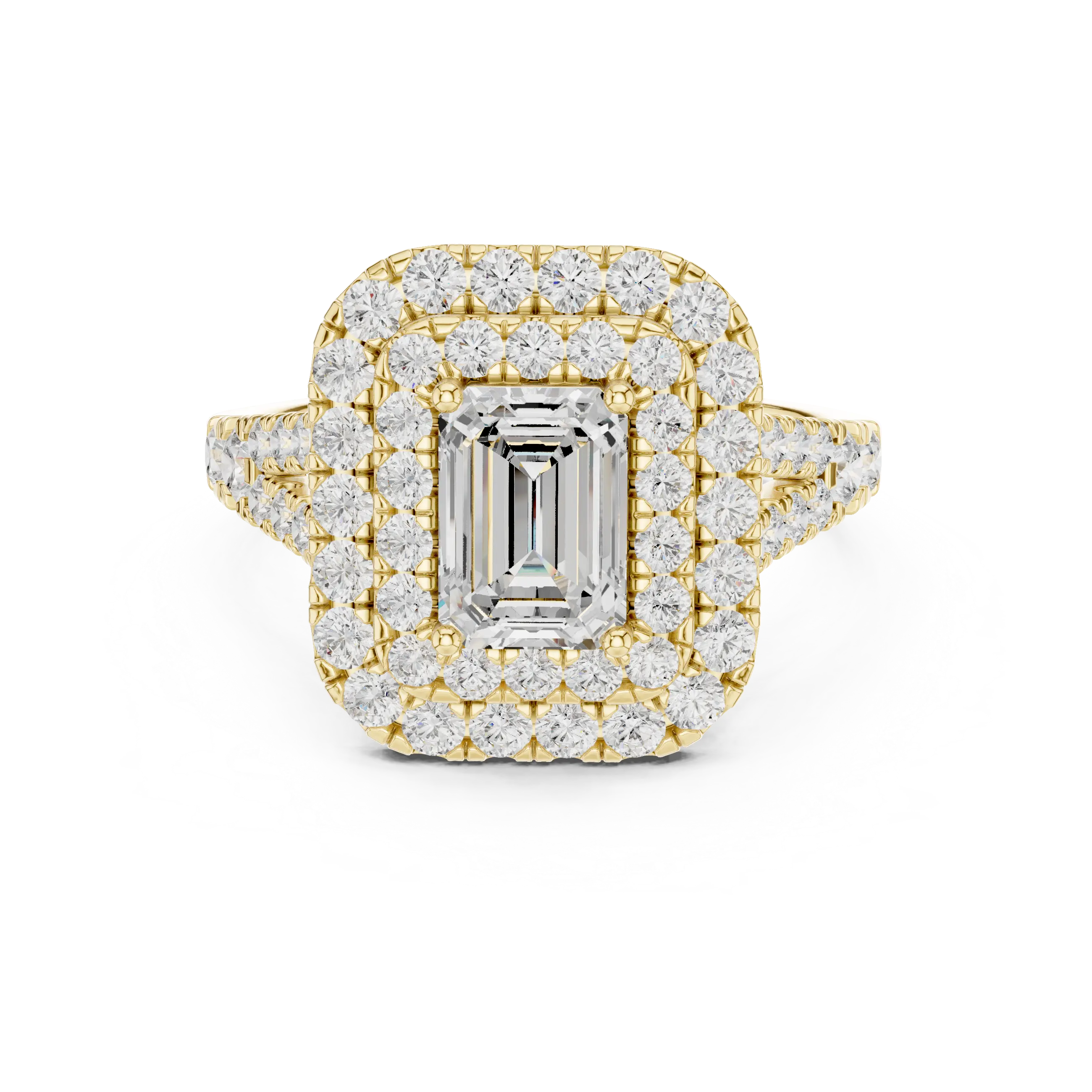 18K White Gold Emerald Cut Double Halo Diamond Engagement Ring