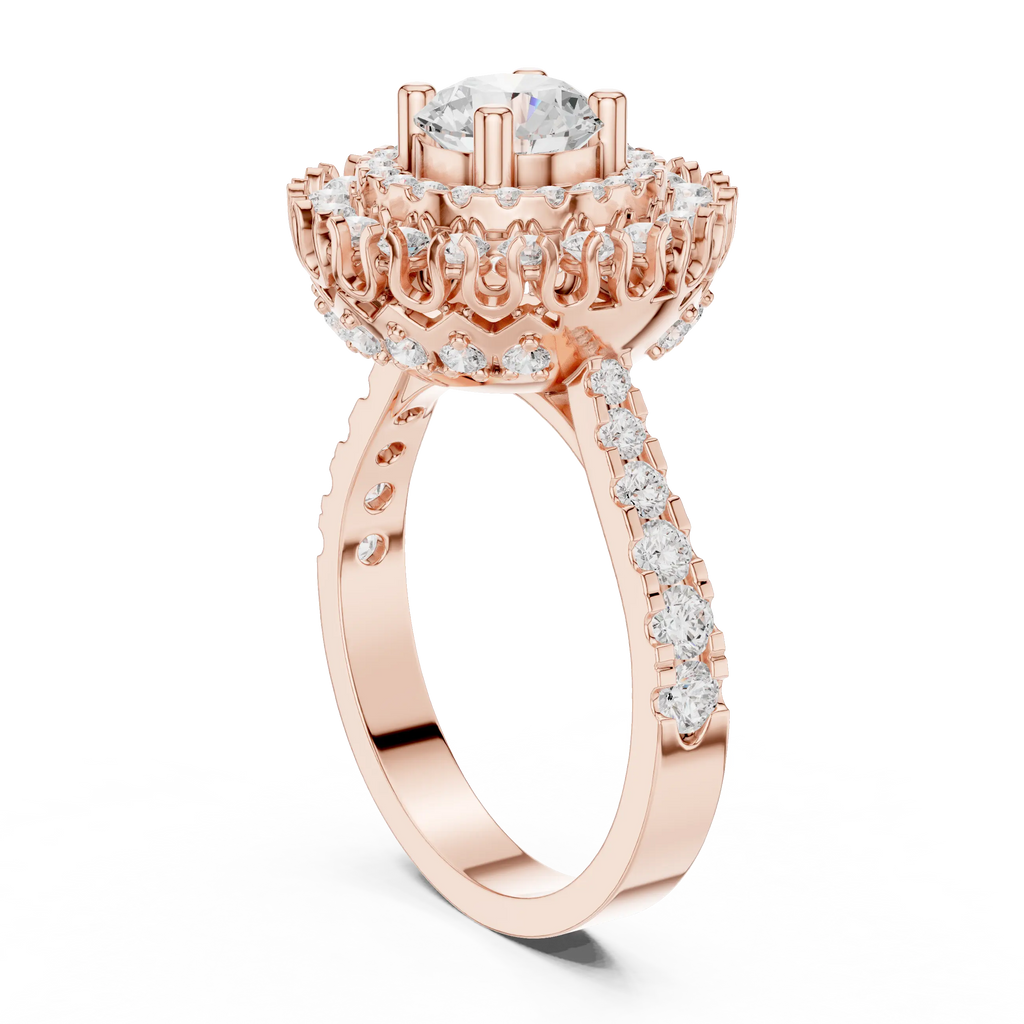 10K White Gold Round Diamond Double Halo Scalloped Engagement Ring