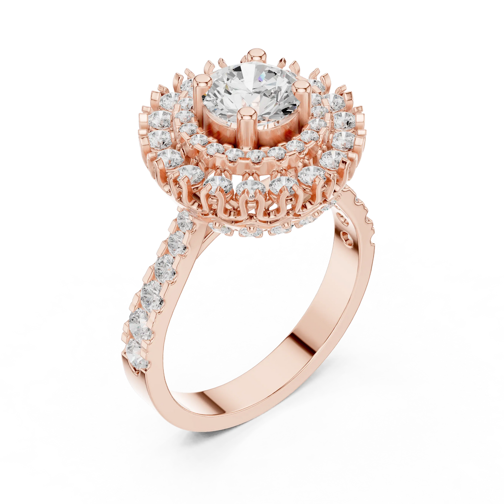 10K White Gold Round Diamond Double Halo Scalloped Engagement Ring