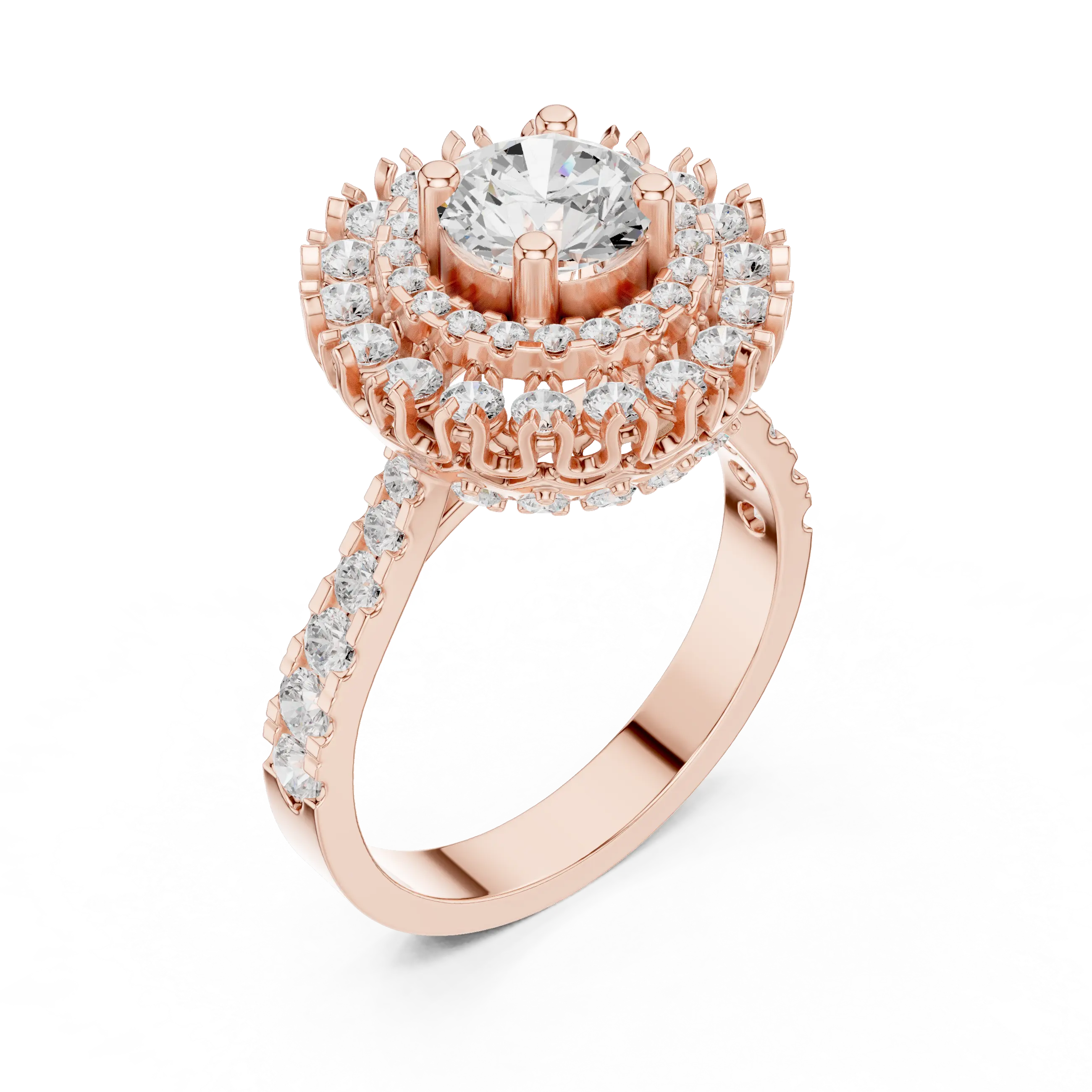 10K White Gold Round Diamond Double Halo Scalloped Engagement Ring