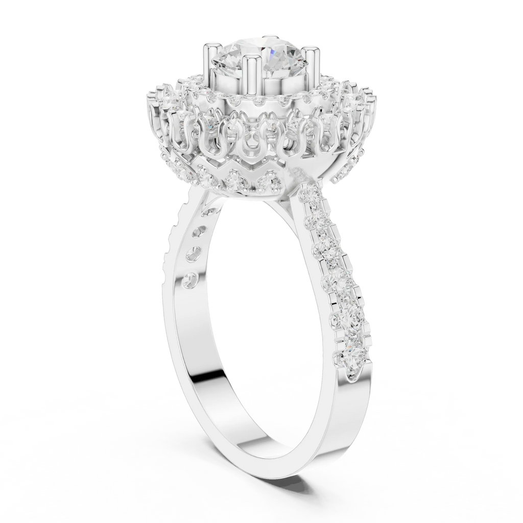 10K White Gold Round Diamond Double Halo Scalloped Engagement Ring