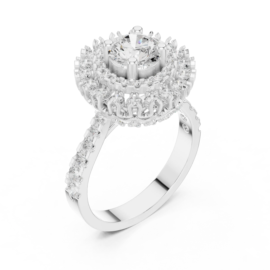 10K White Gold Round Diamond Double Halo Scalloped Engagement Ring