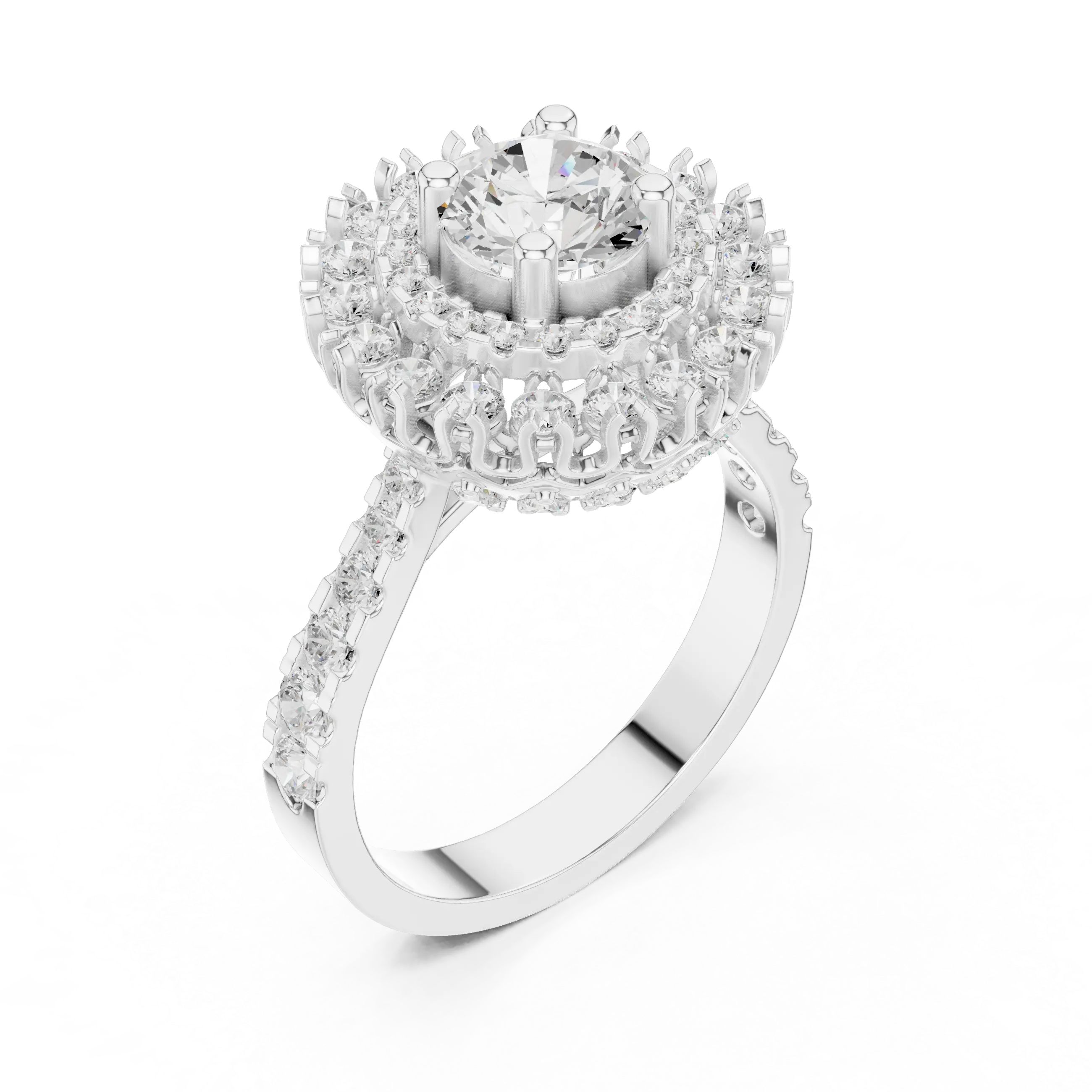 10K White Gold Round Diamond Double Halo Scalloped Engagement Ring