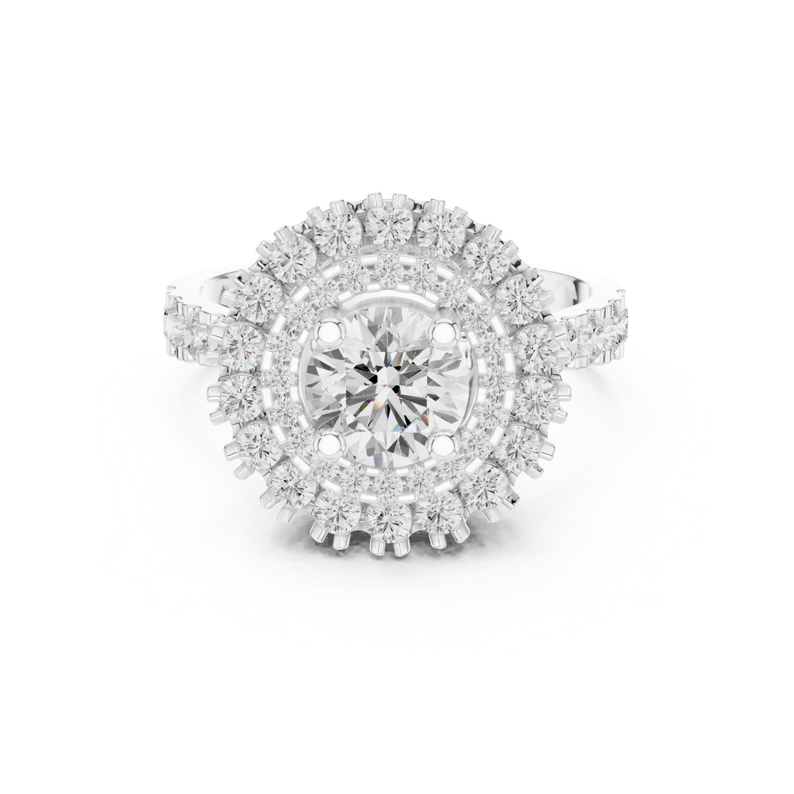 10K White Gold Round Diamond Double Halo Scalloped Engagement Ring