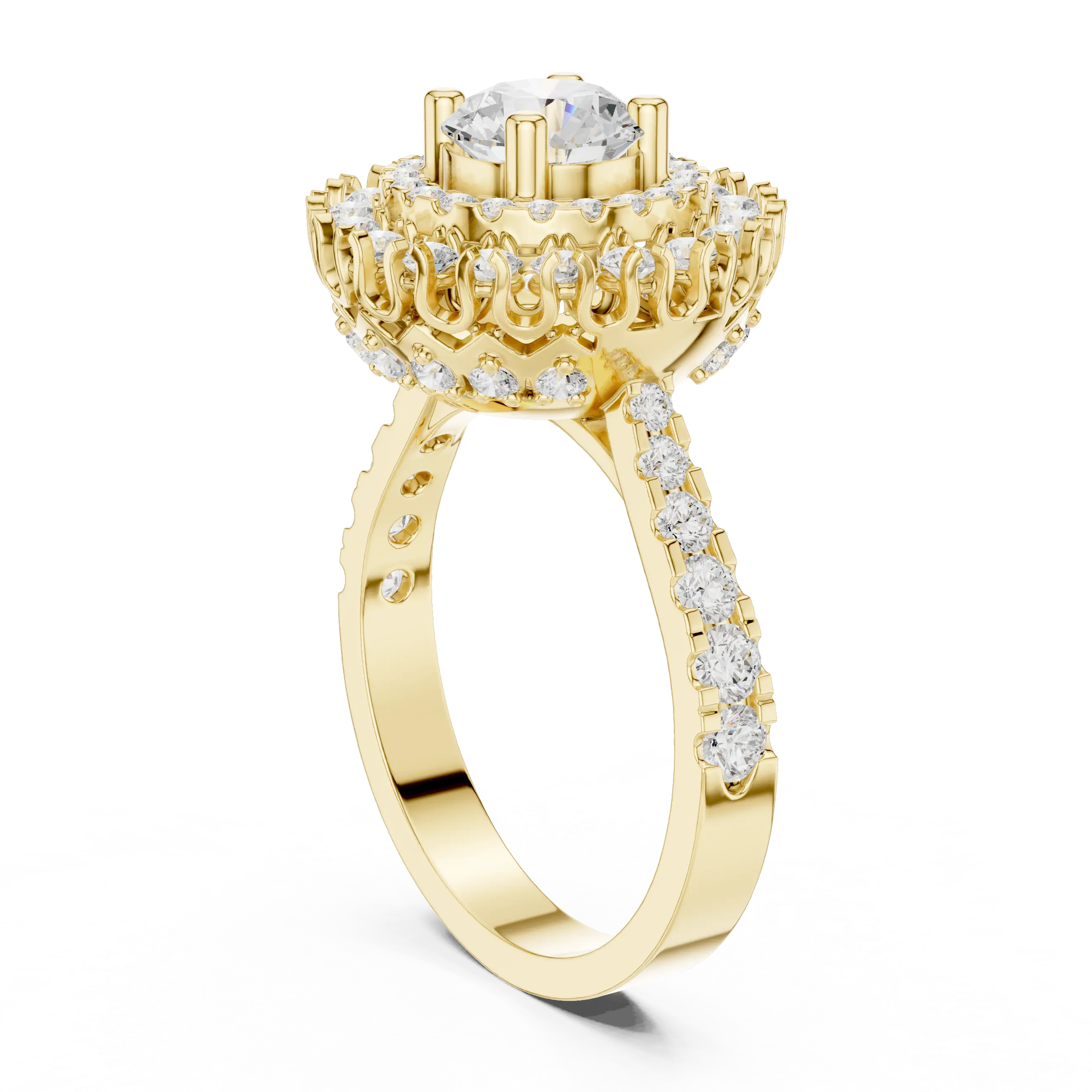 10K White Gold Round Diamond Double Halo Scalloped Engagement Ring