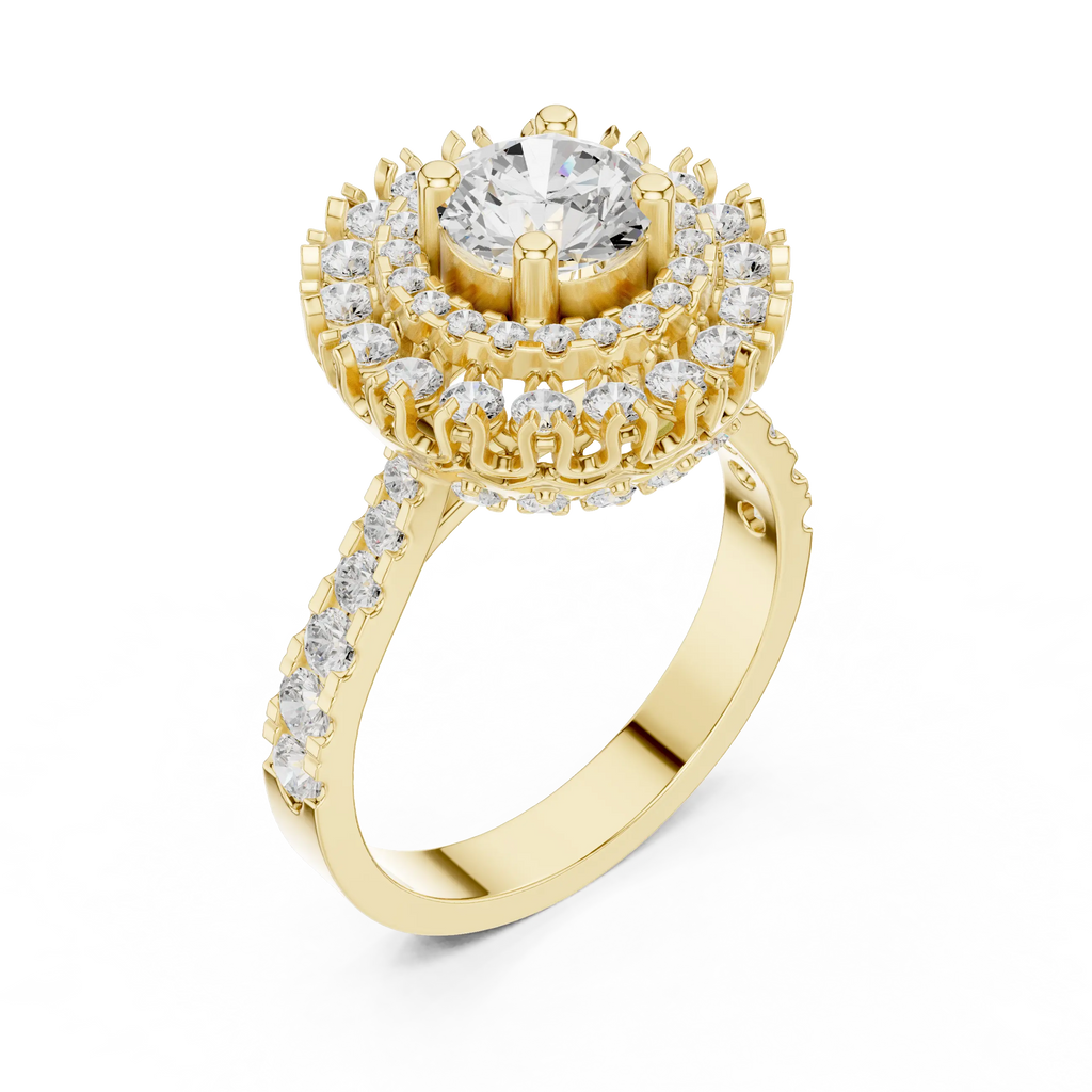 10K White Gold Round Diamond Double Halo Scalloped Engagement Ring