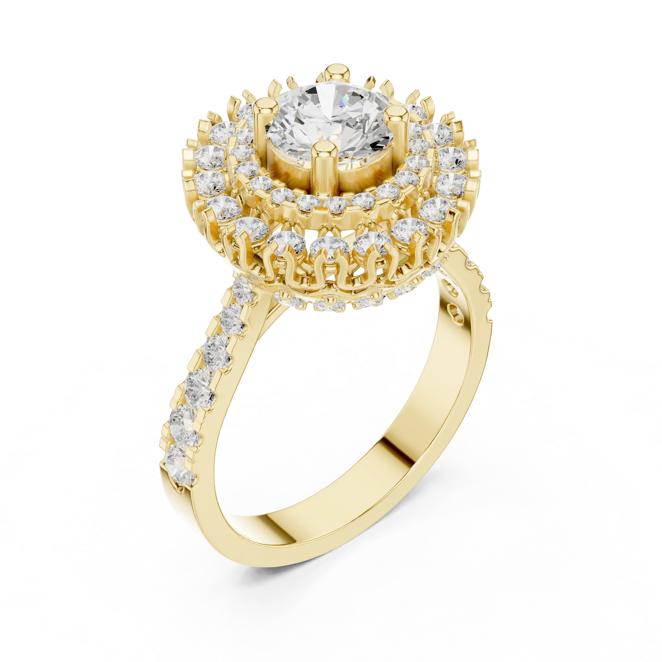 10K White Gold Round Diamond Double Halo Scalloped Engagement Ring