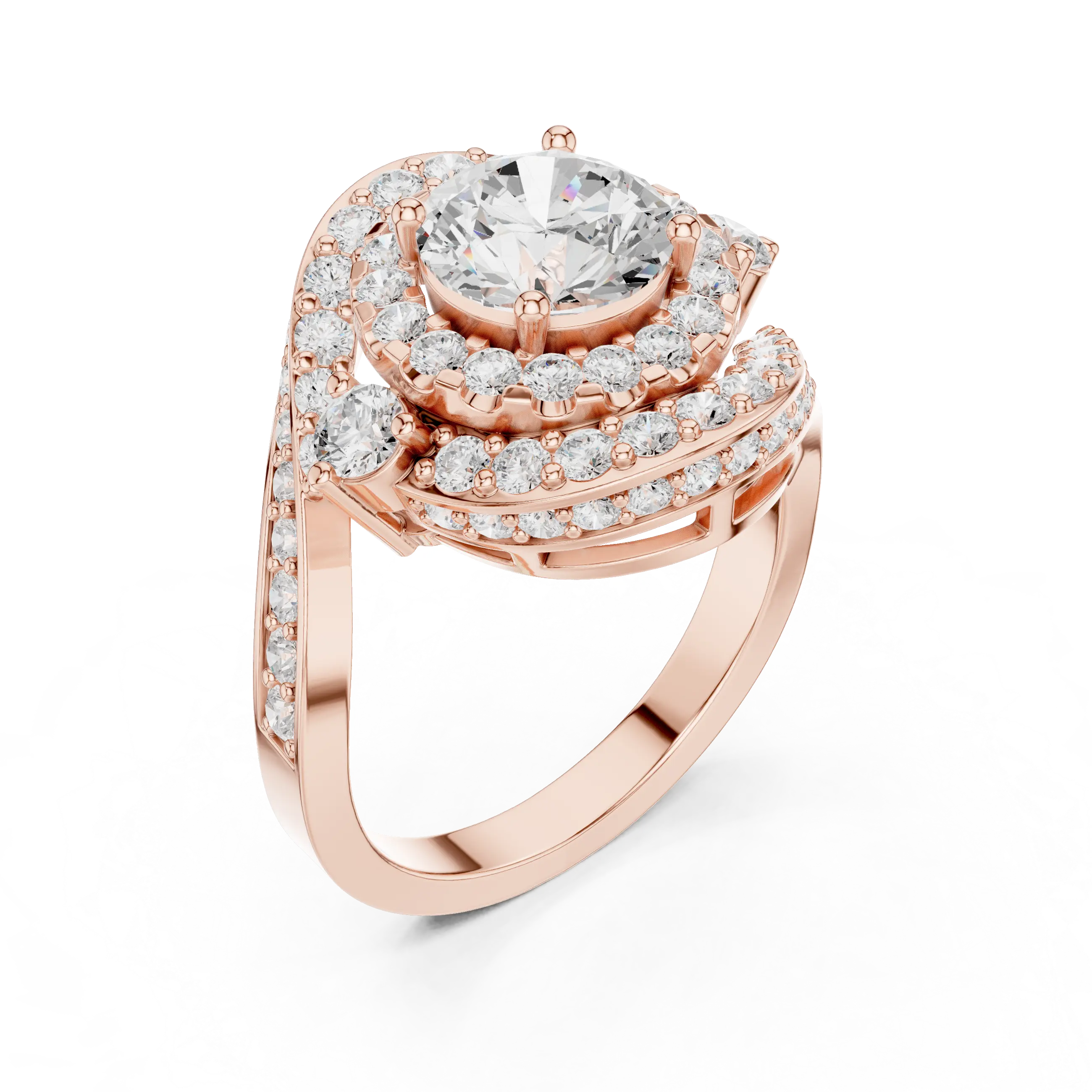 10K White Gold Round Diamond Spiral Halo Engagement Ring