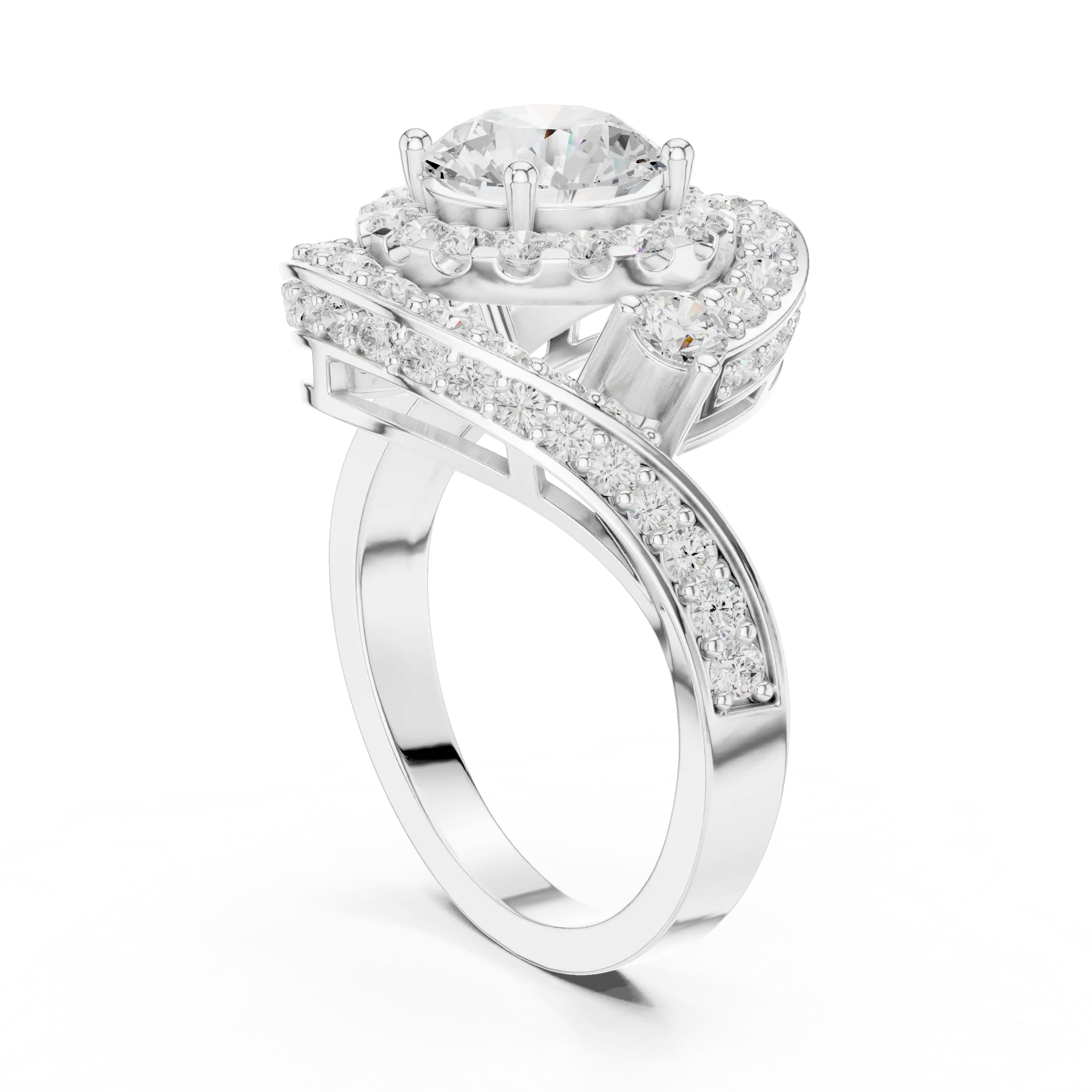 10K White Gold Round Diamond Spiral Halo Engagement Ring