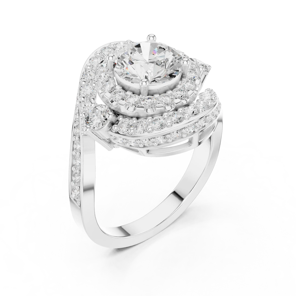 10K White Gold Round Diamond Spiral Halo Engagement Ring