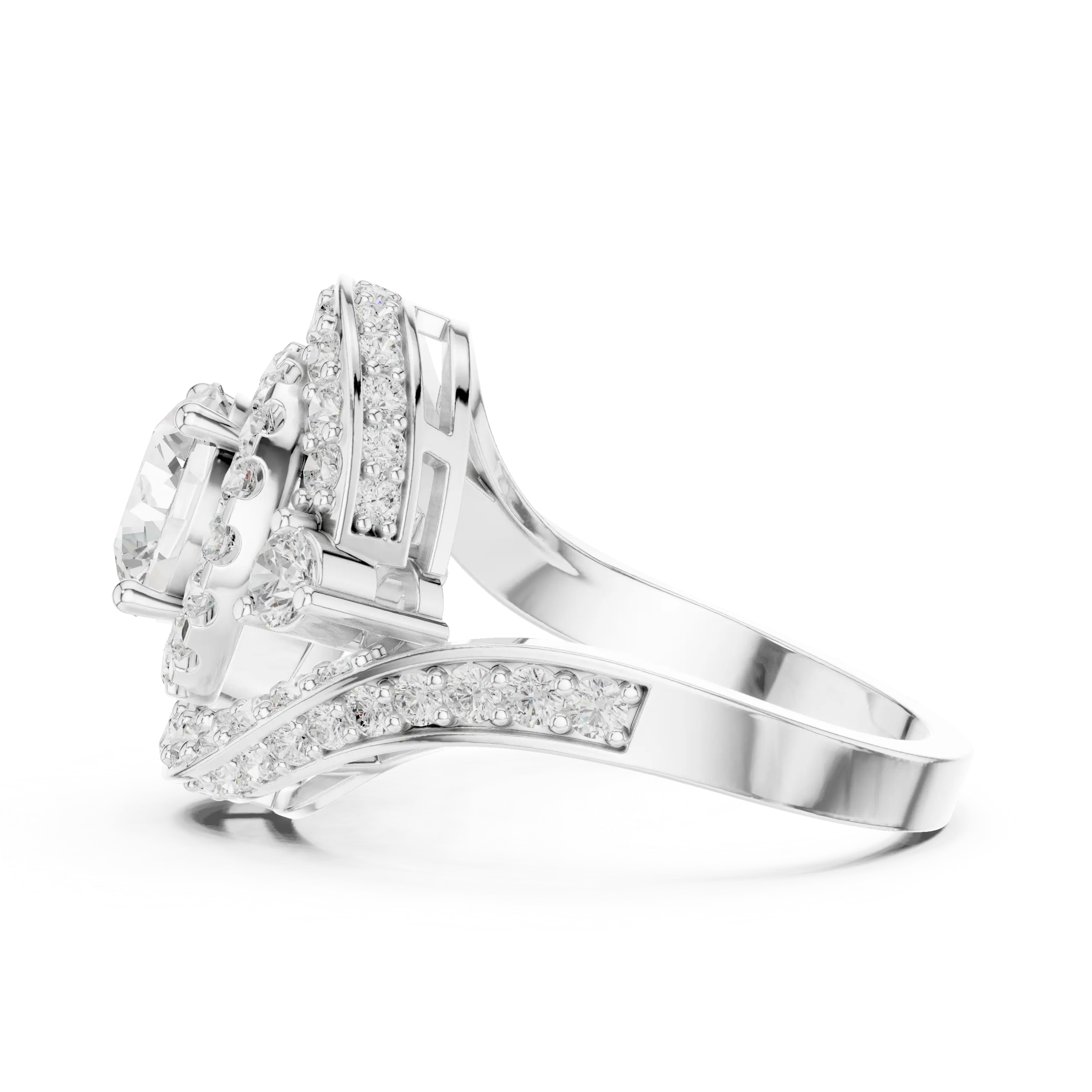 10K White Gold Round Diamond Spiral Halo Engagement Ring