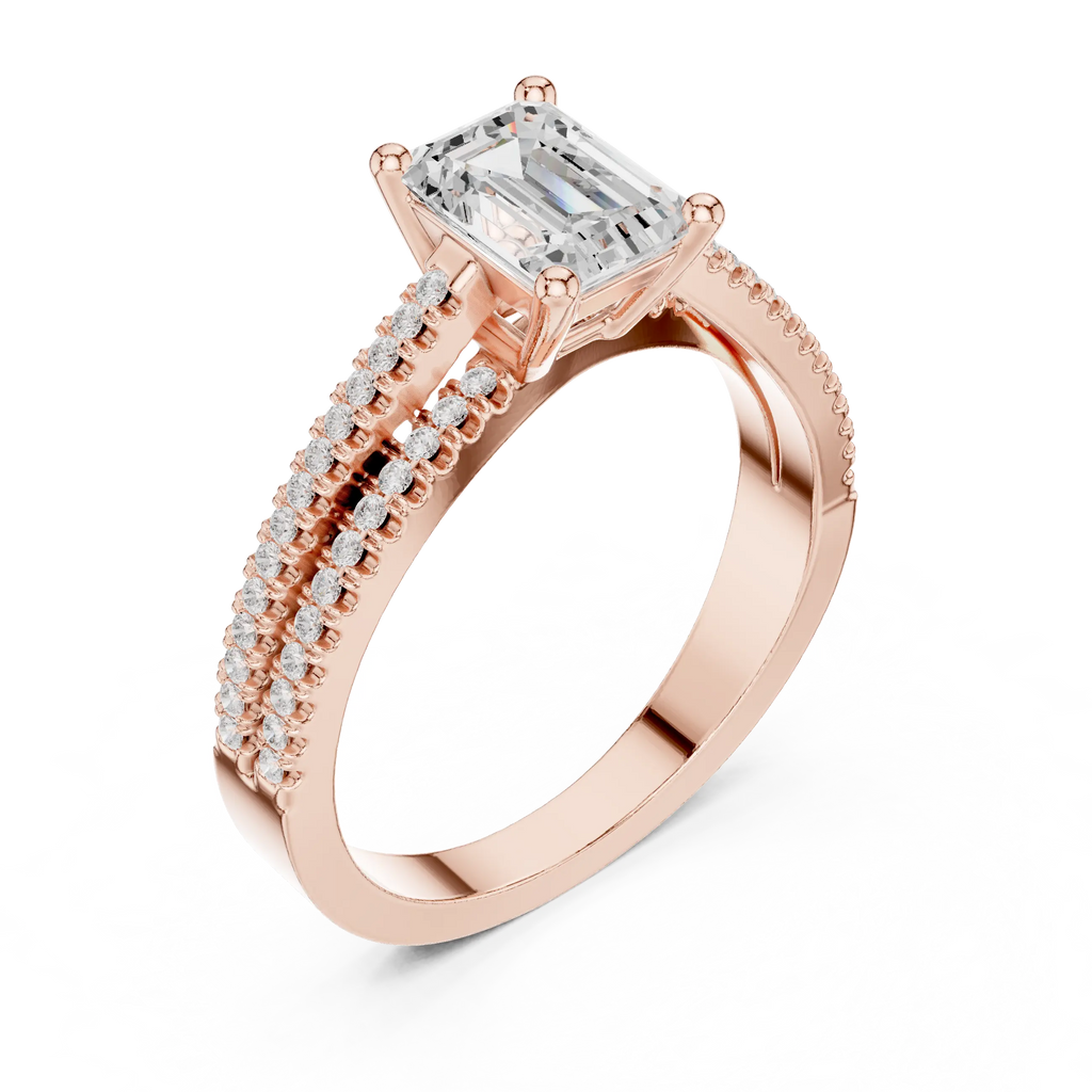 14K White Gold Emerald Cut Diamond Double Row Pavé Ring