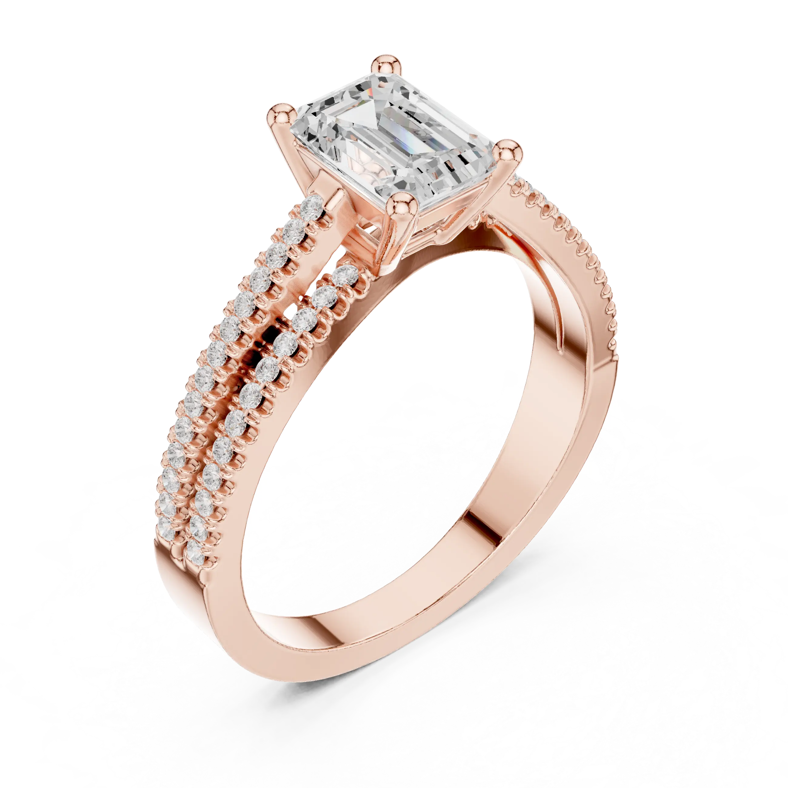 14K White Gold Emerald Cut Diamond Double Row Pavé Ring