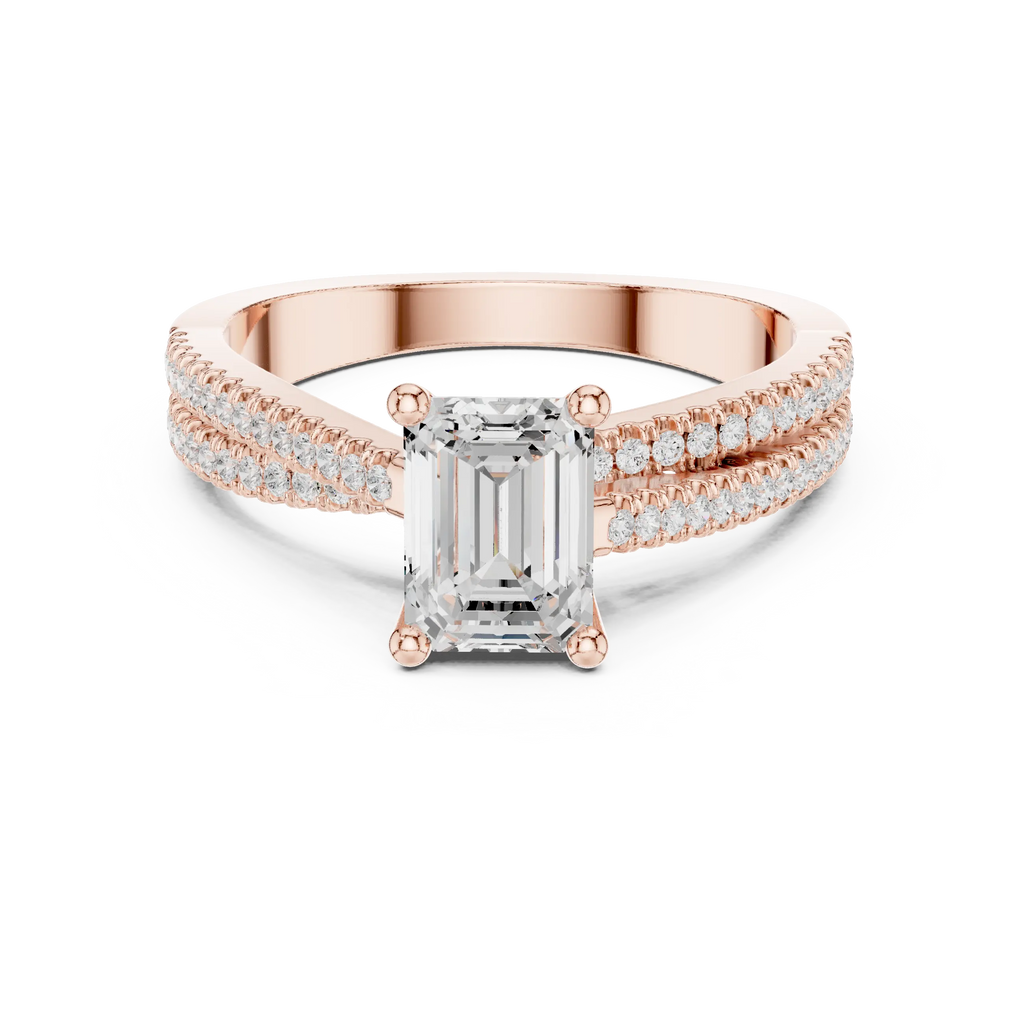 14K White Gold Emerald Cut Diamond Double Row Pavé Ring