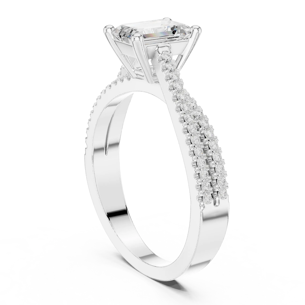 14K White Gold Emerald Cut Diamond Double Row Pavé Ring