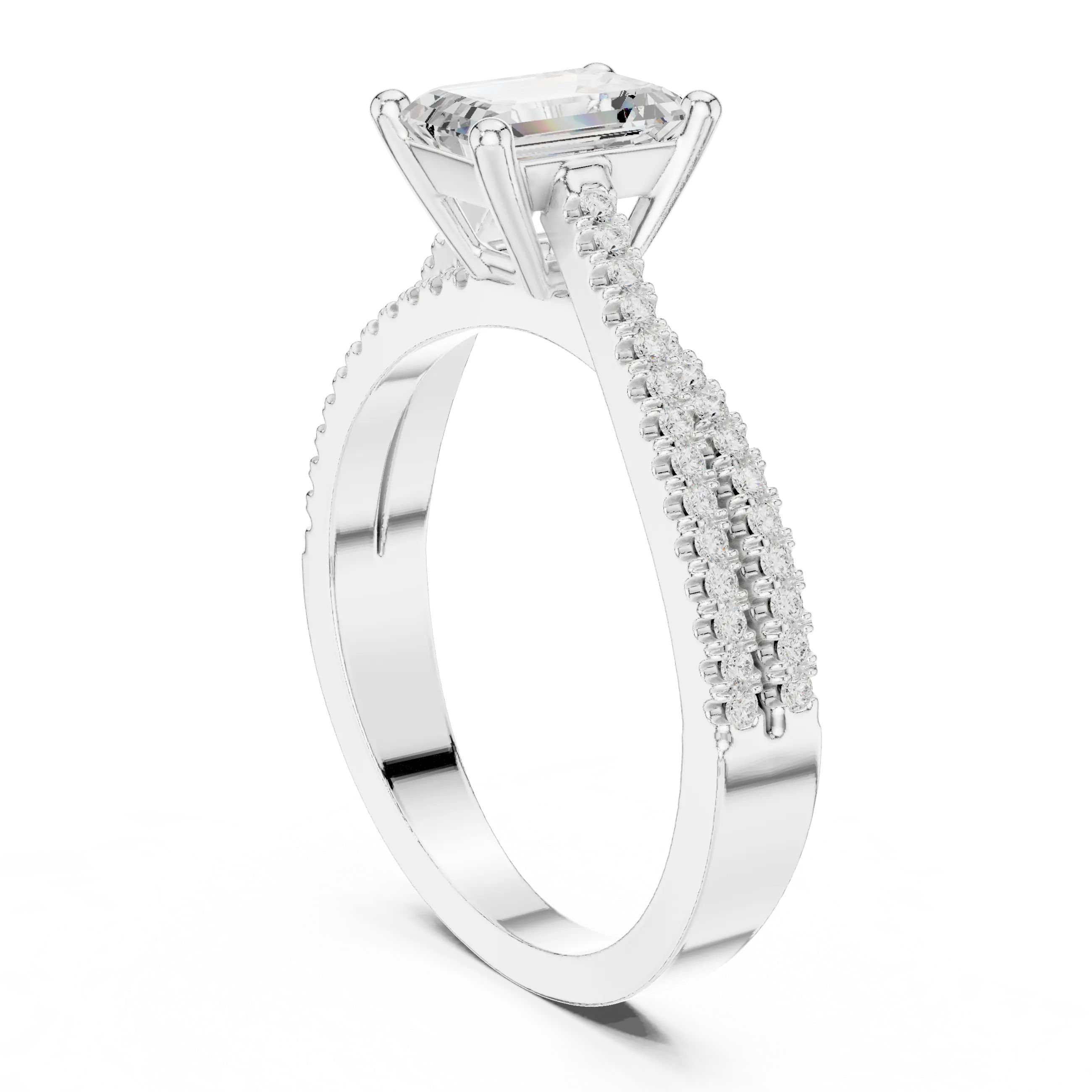 14K White Gold Emerald Cut Diamond Double Row Pavé Ring