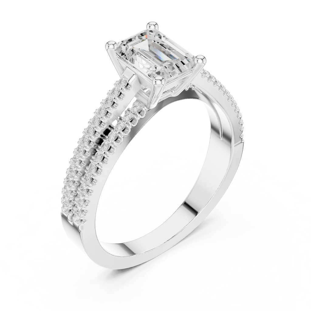 14K White Gold Emerald Cut Diamond Double Row Pavé Ring