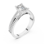 14K White Gold Emerald Cut Diamond Double Row Pavé Ring