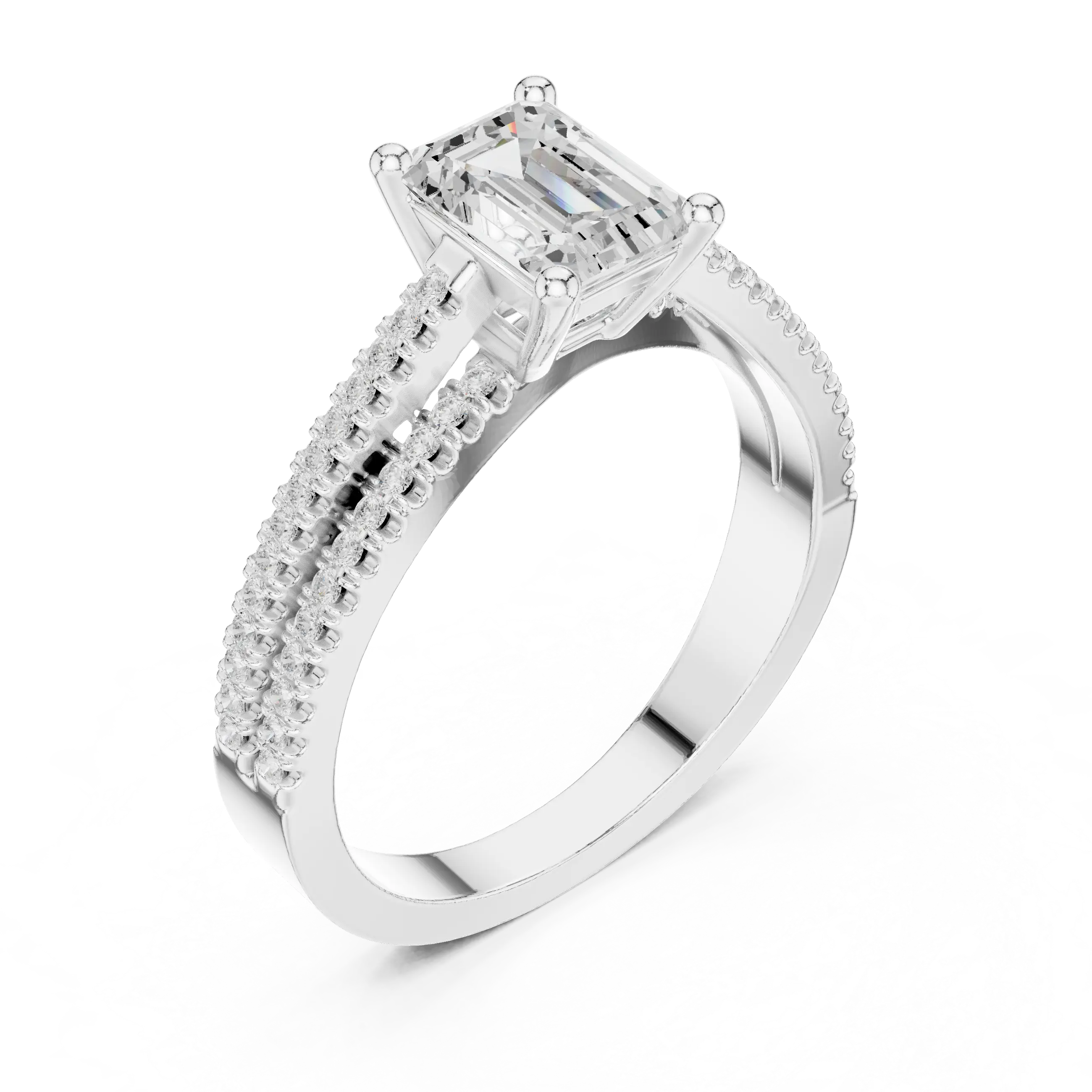 14K White Gold Emerald Cut Diamond Double Row Pavé Ring