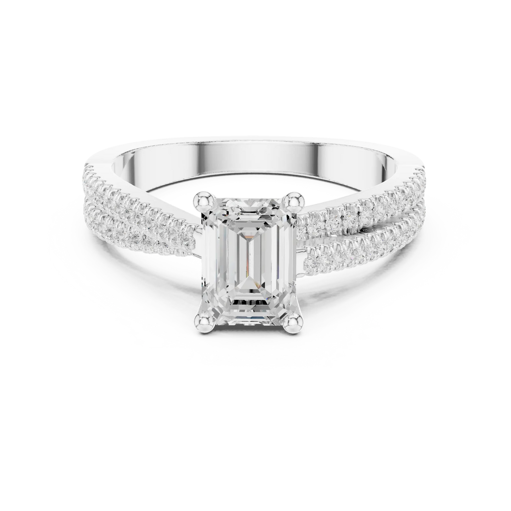 14K White Gold Emerald Cut Diamond Double Row Pavé Ring