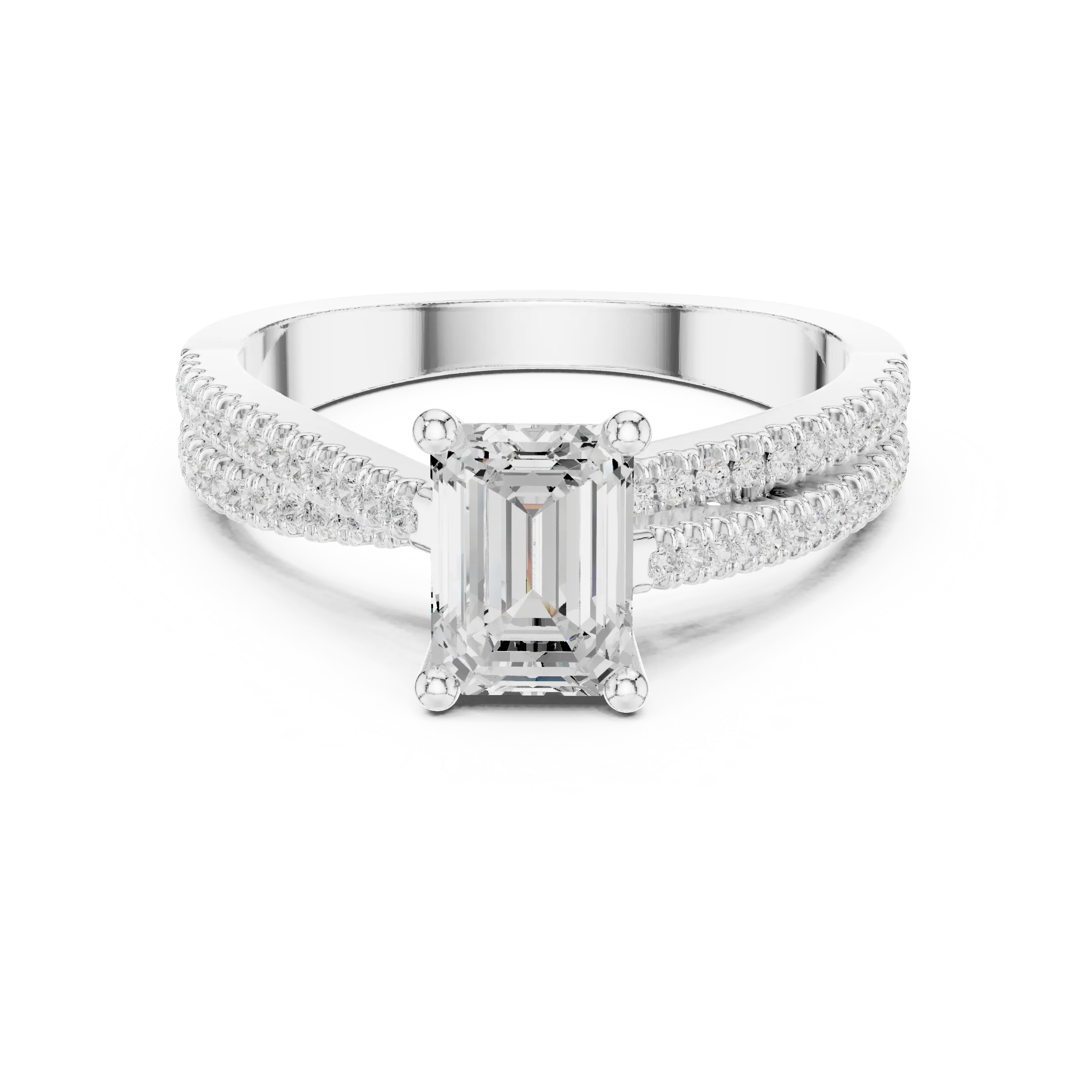 14K White Gold Emerald Cut Diamond Double Row Pavé Ring