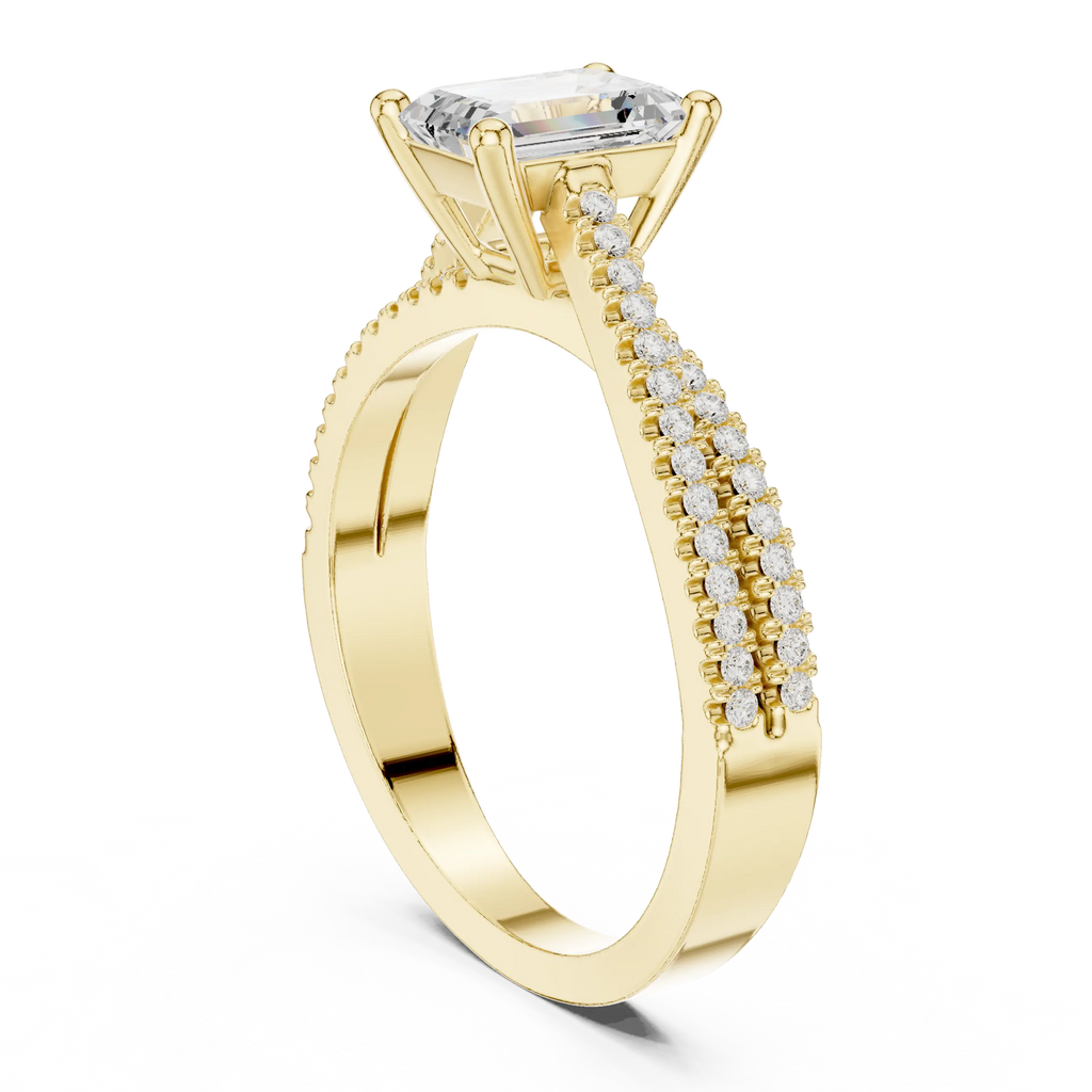 14K White Gold Emerald Cut Diamond Double Row Pavé Ring